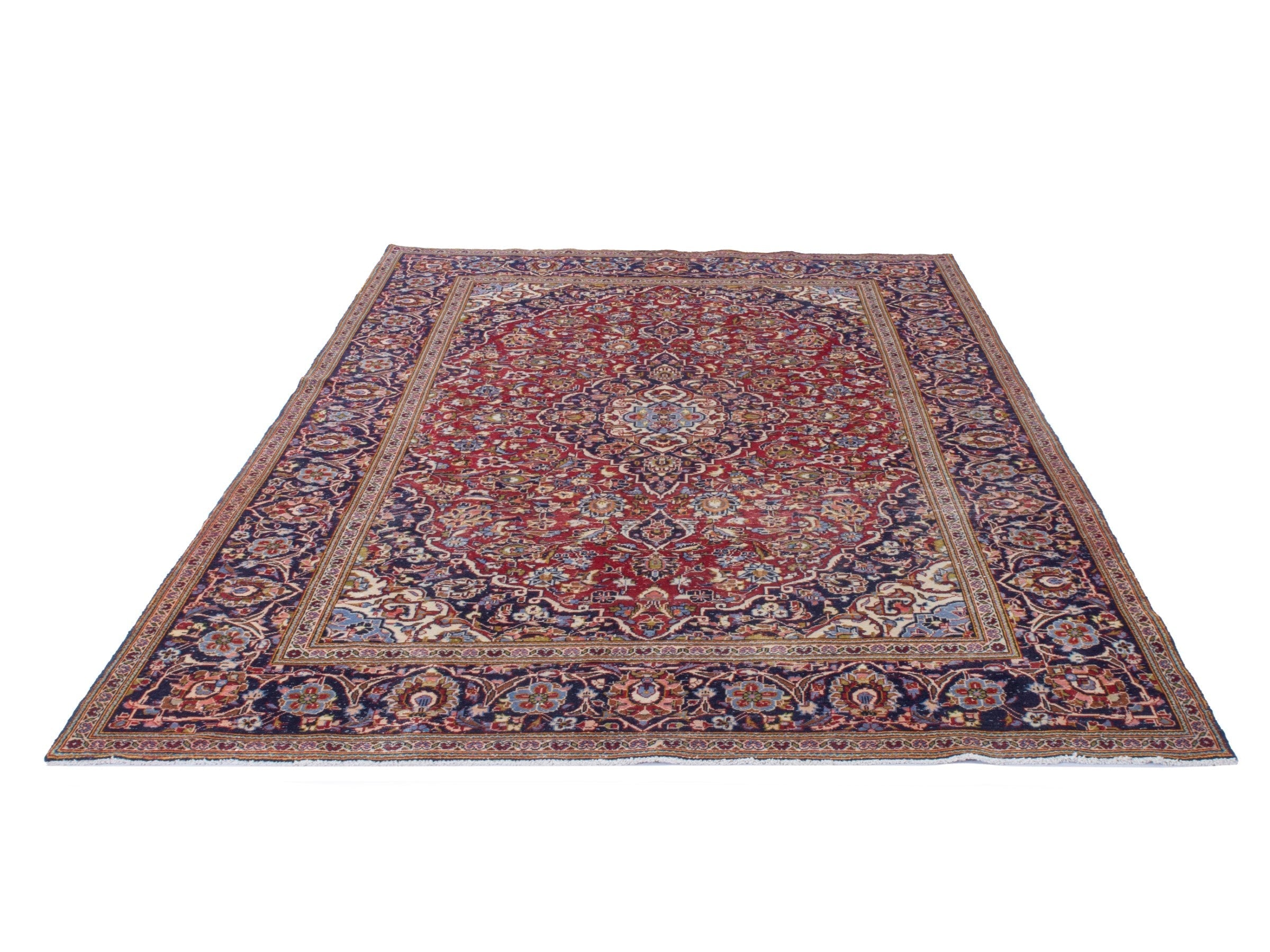 Persian Kashan area rug in deep red and dark blue, view 2 of 22
