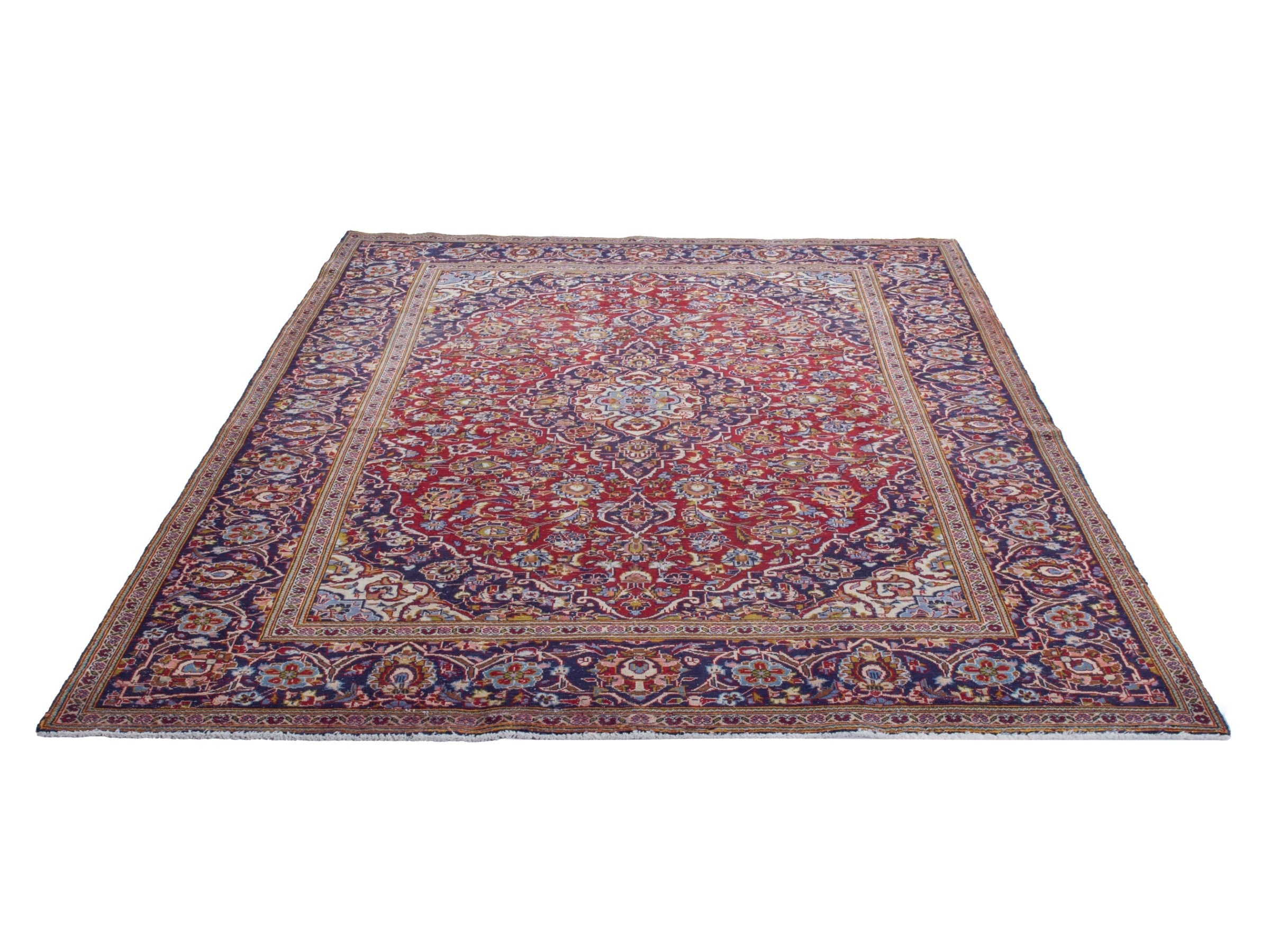 Persian Kashan area rug in deep red and dark blue, view 3 of 22