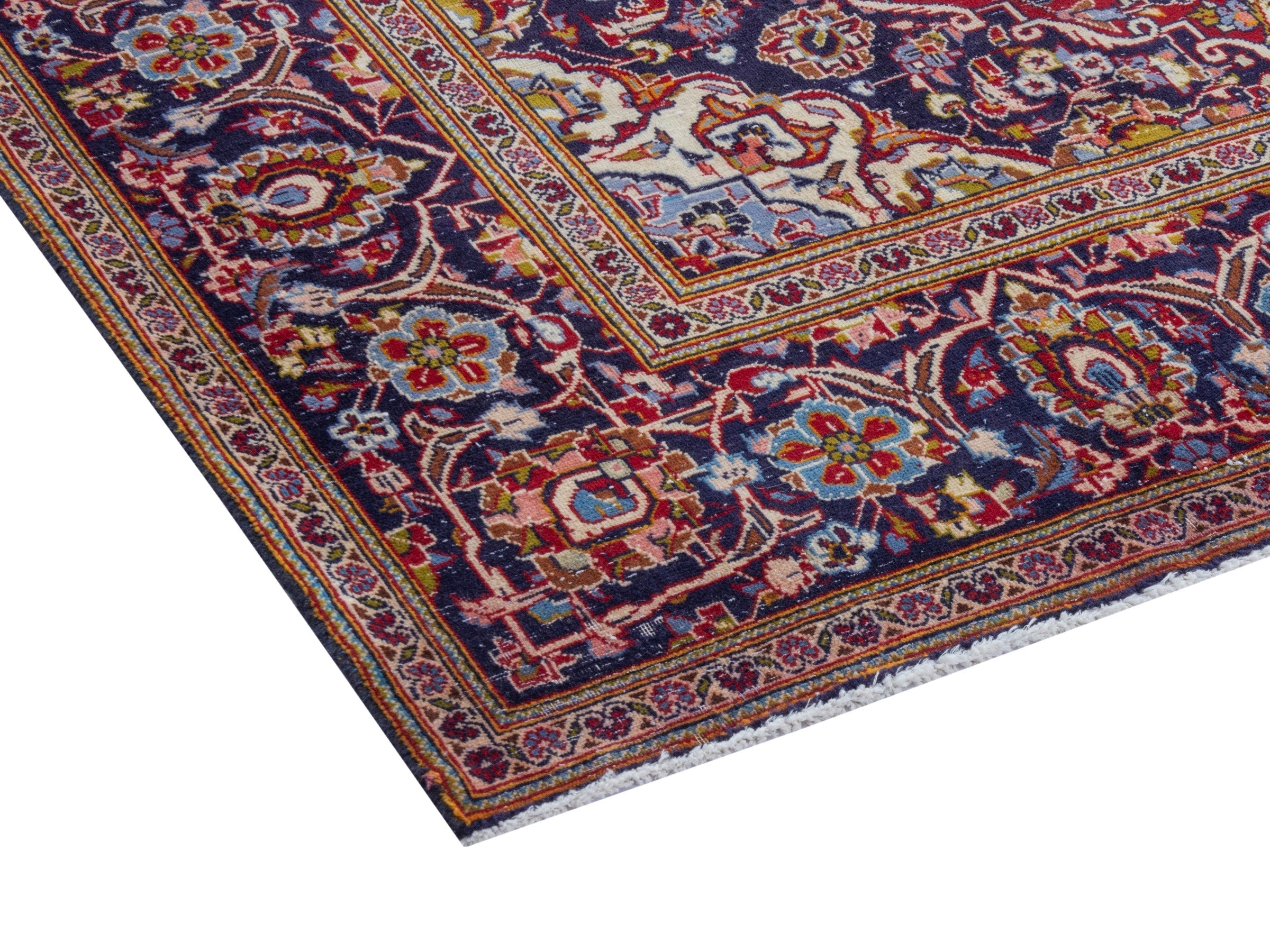 Persian Kashan area rug in deep red and dark blue, view 5 of 22