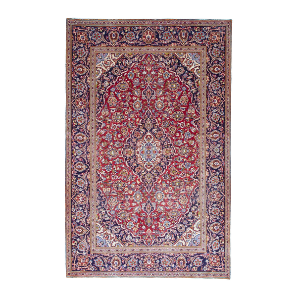 Persian Kashan area rug in deep red and dark blue, 6'5" x 10'1"