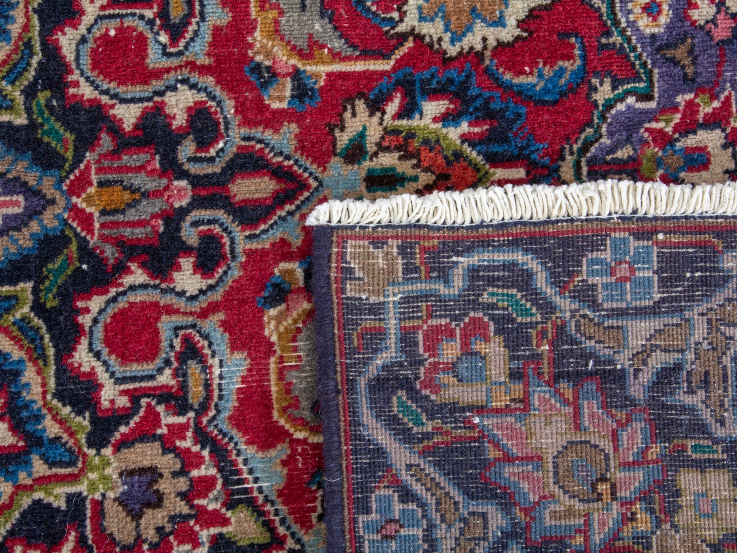 Persian Mashhad oversized rug in deep red and navy, view 19 of 19