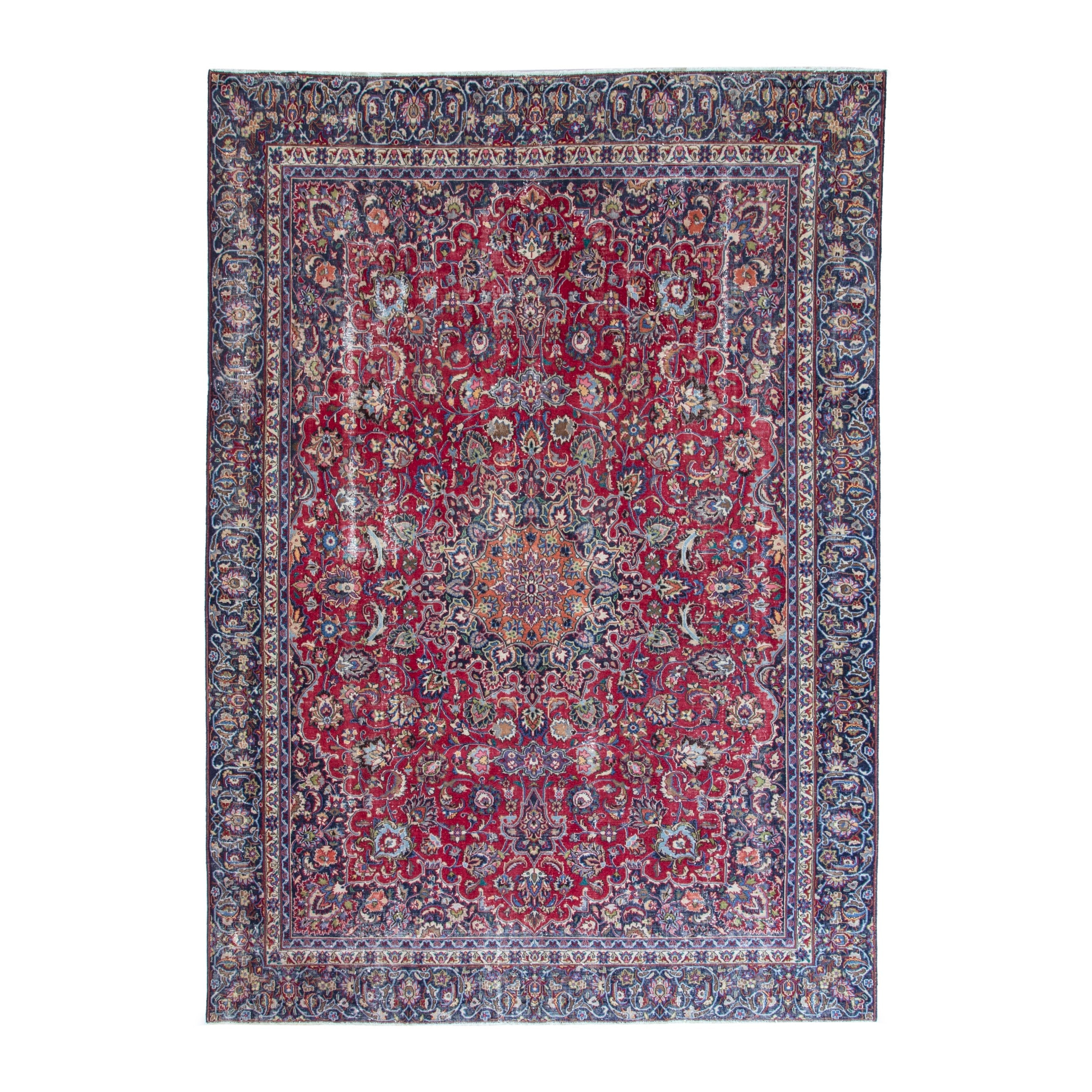 Persian Mashhad oversized rug in deep red and navy, 9' x 11'11"