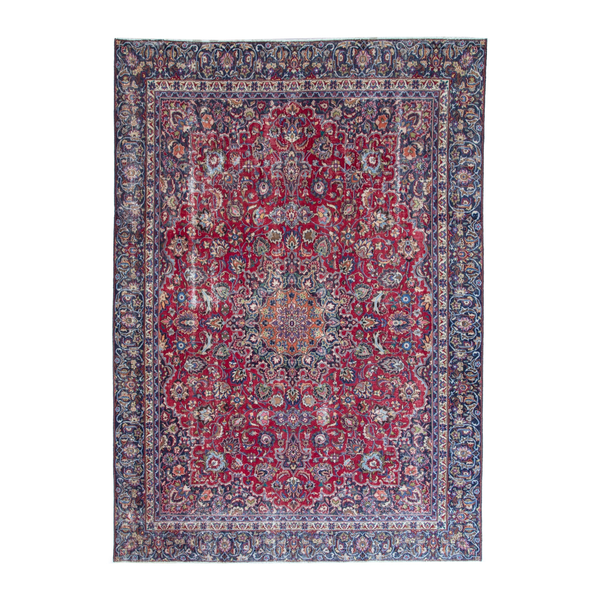 Persian Mashhad oversized rug in deep red and navy, 9' x 11'11"