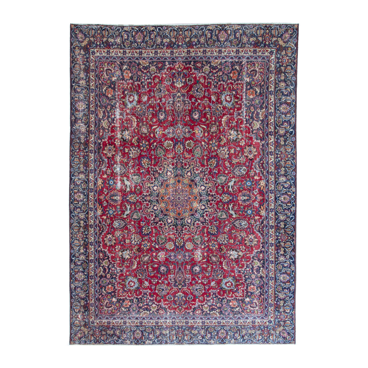 Persian Mashhad oversized rug in deep red and navy, 9' x 11'11"