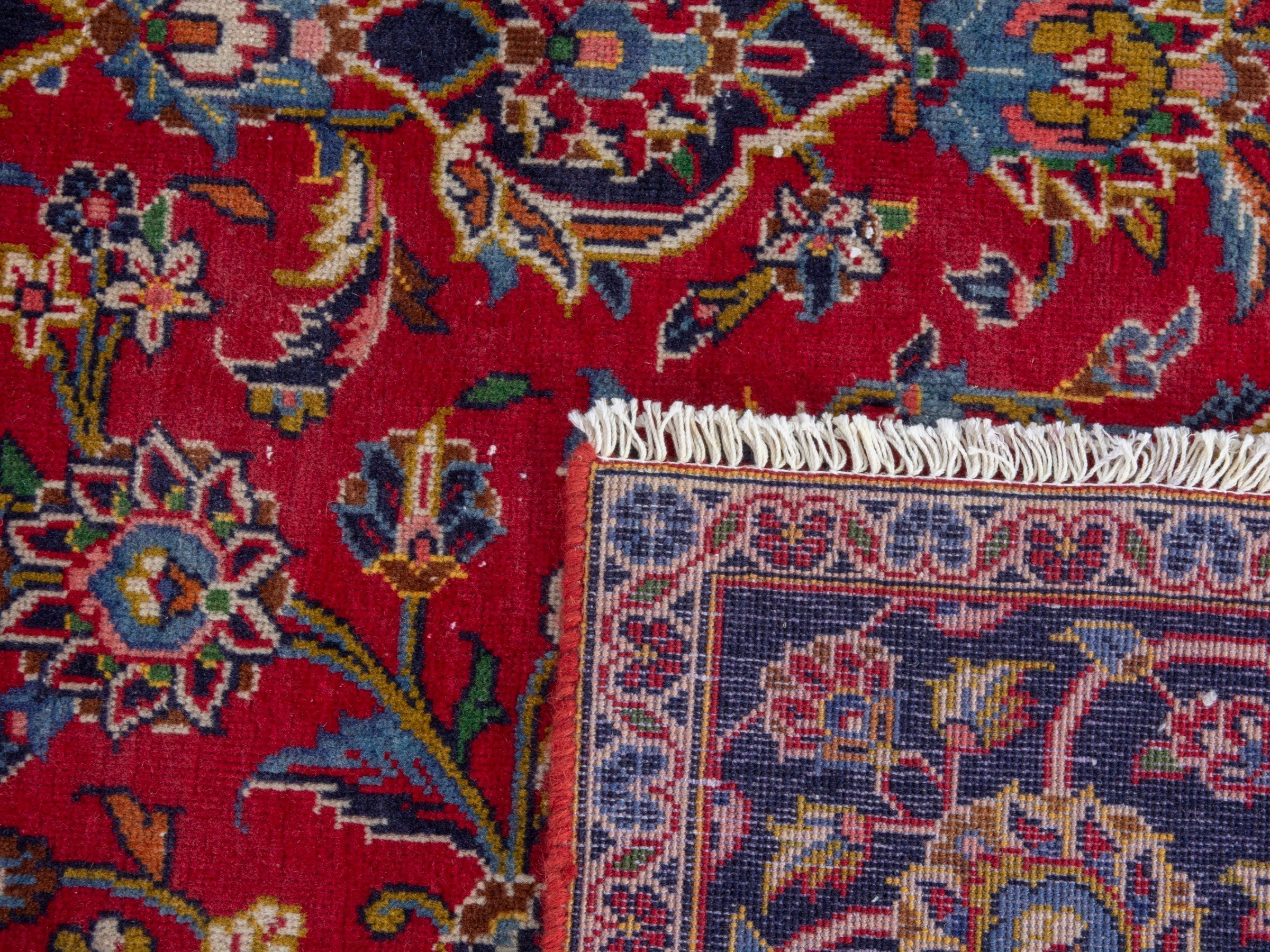 Persian Kashan oversized rug in deep red and navy, view 23 of 23
