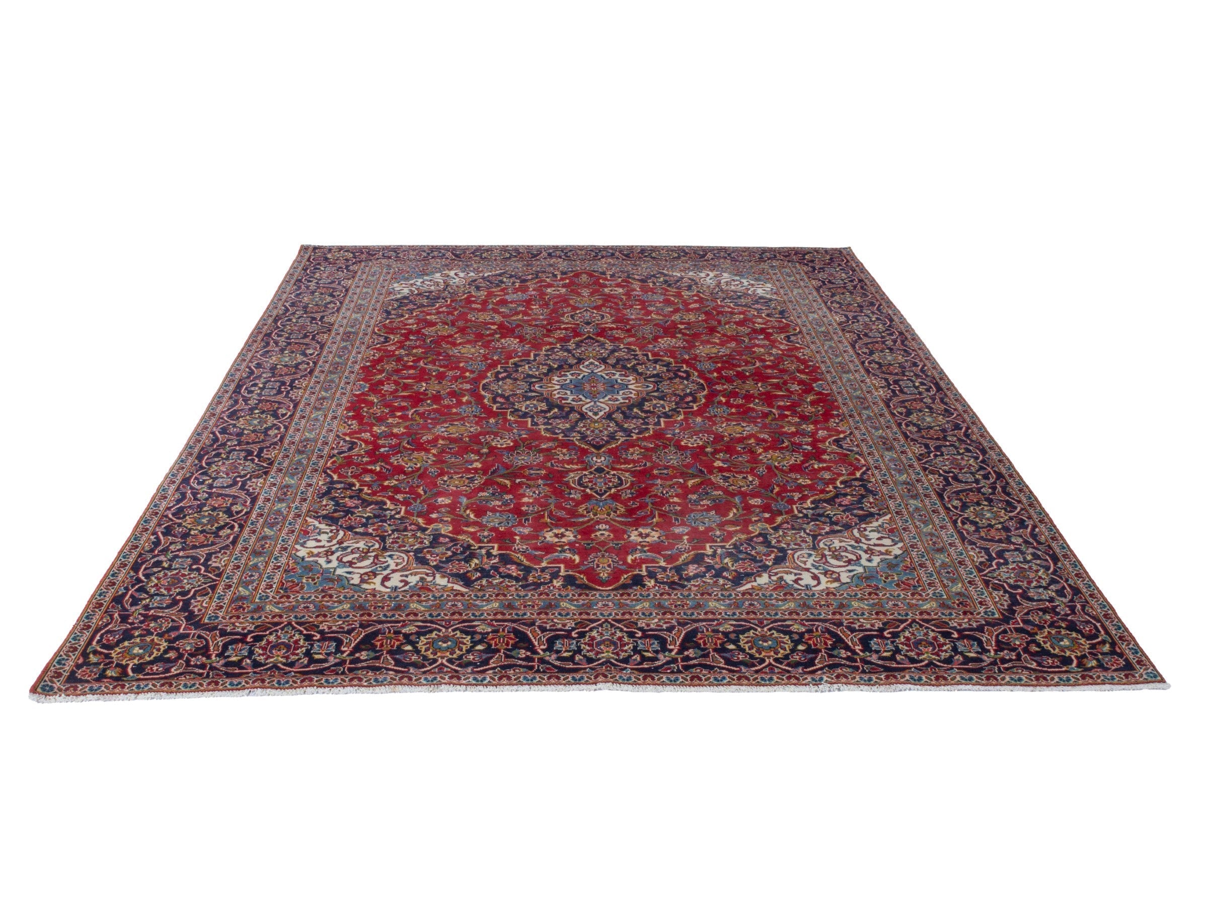 Persian Kashan oversized rug in deep red and navy, view 2 of 23