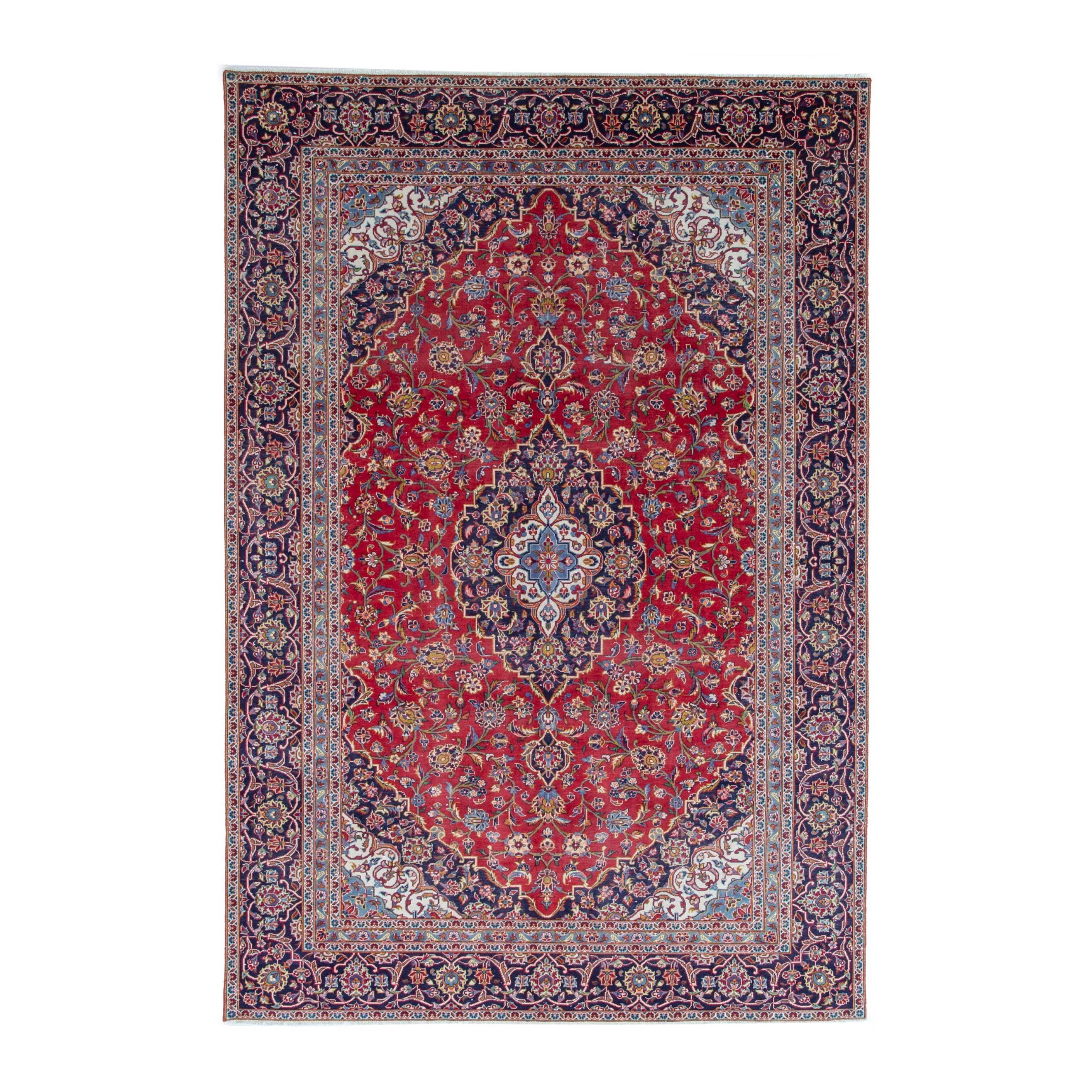 Persian Kashan oversized rug in deep red and navy, 7'3" x 10'10"