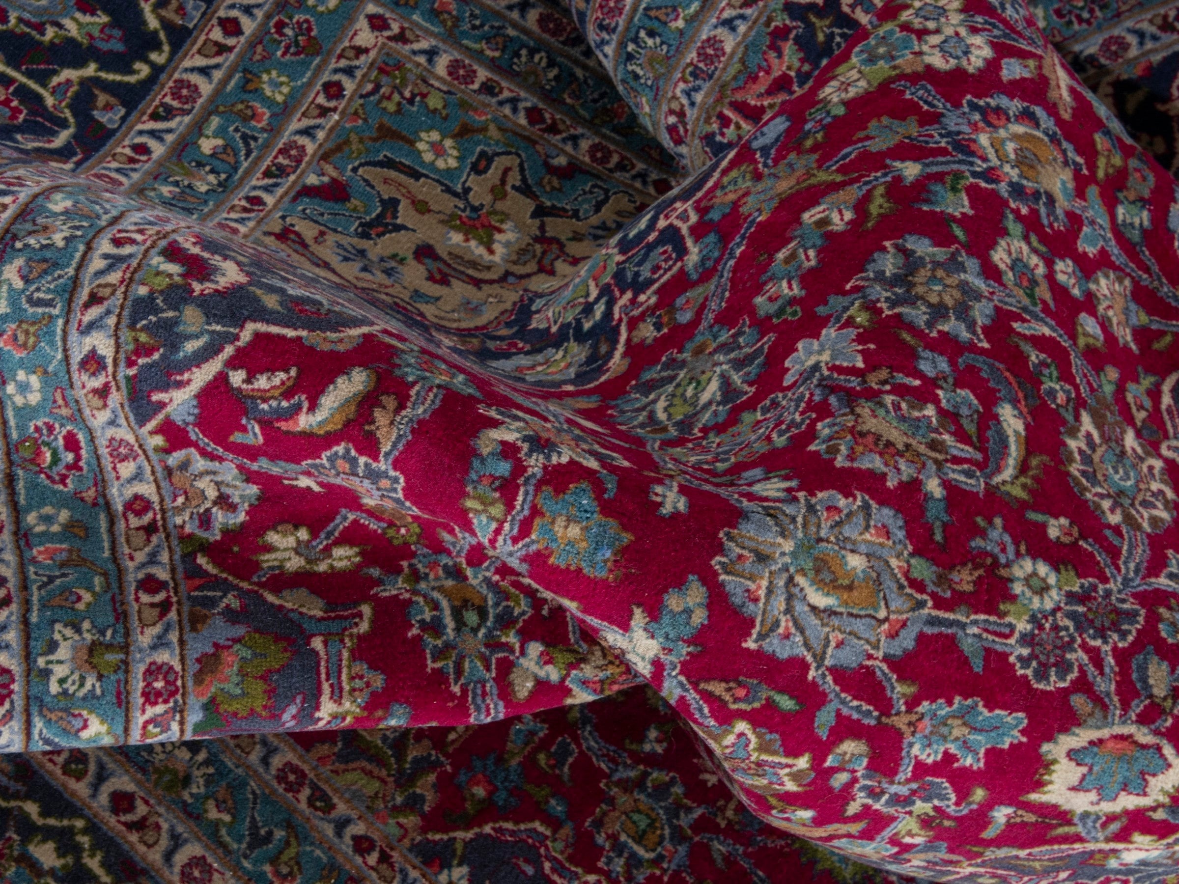 Persian Kashmar oversized rug in deep red and navy, view 19 of 24