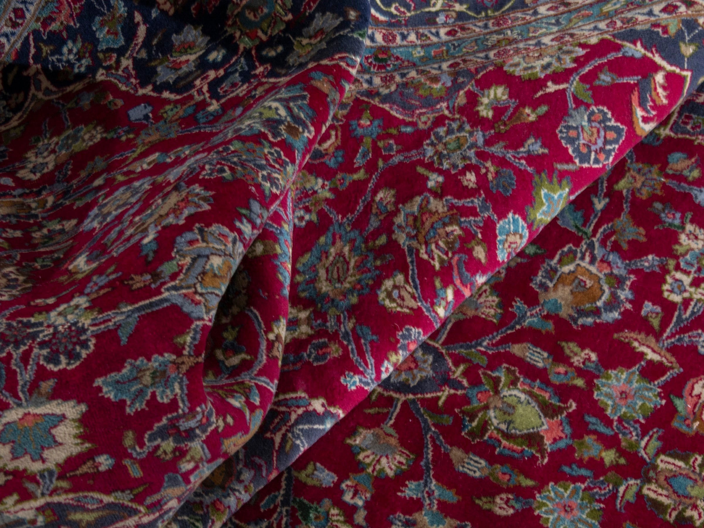 Persian Kashmar oversized rug in deep red and navy, view 20 of 24