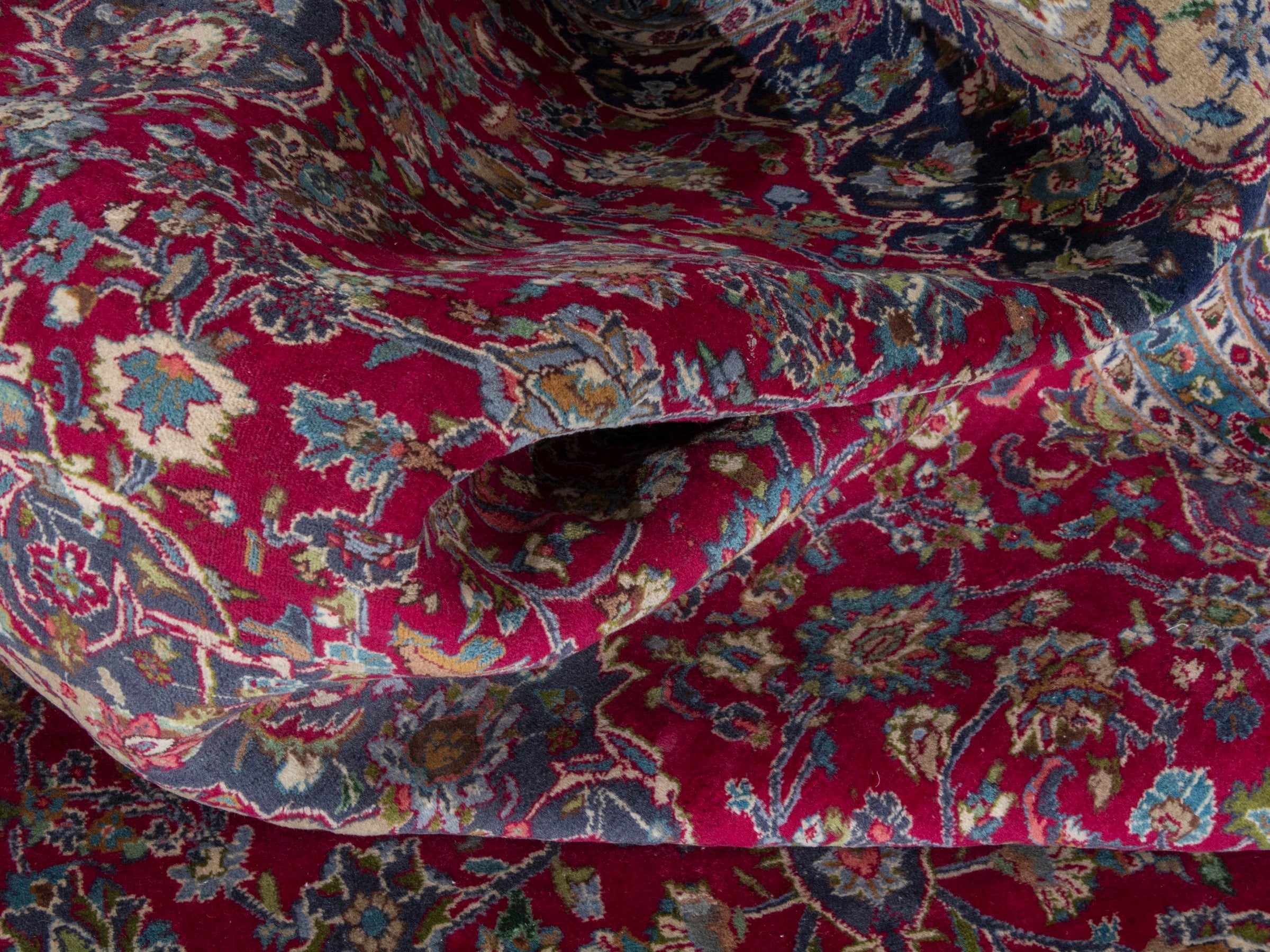 Persian Kashmar oversized rug in deep red and navy, view 21 of 24