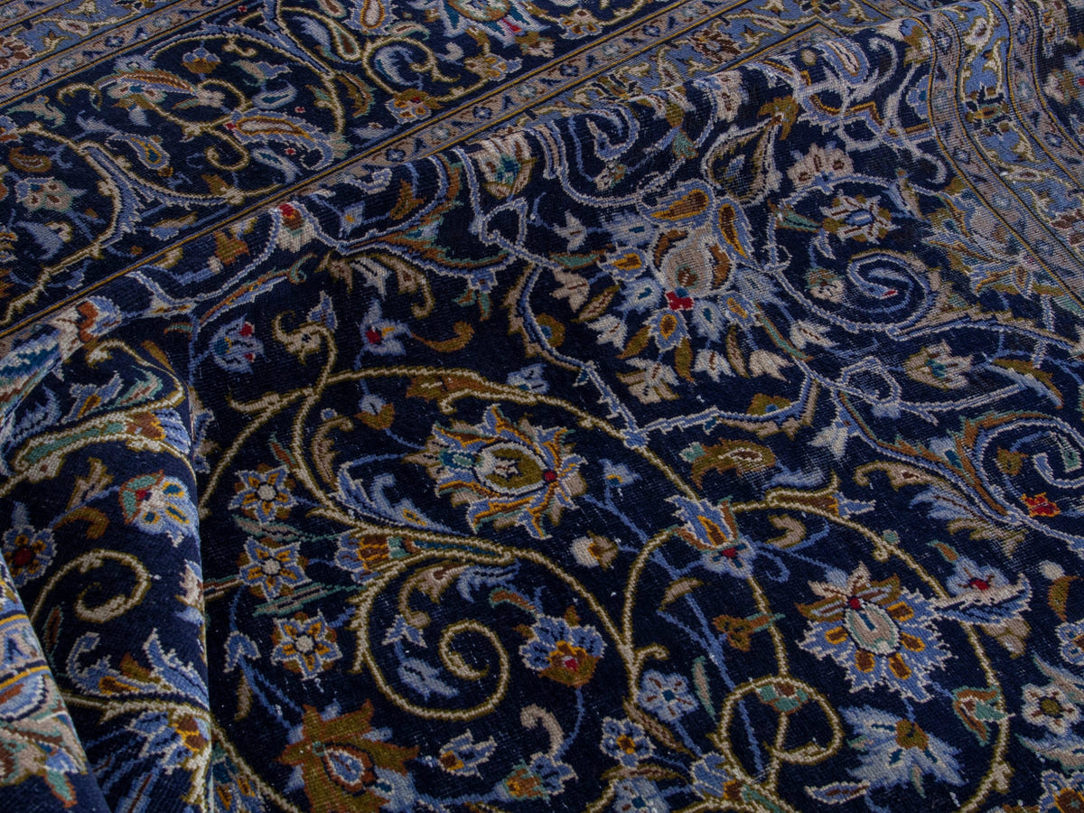 Persian Kashan oversized rug in navy and cream, view 19 of 22