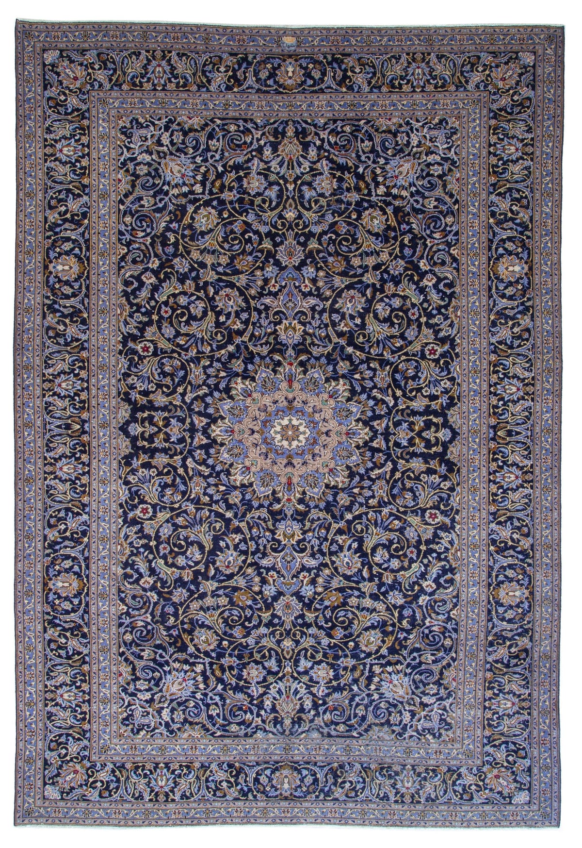 Persian Kashan oversized rug in navy and cream, view 2 of 22