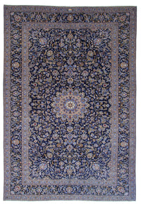 Persian Kashan oversized rug in navy and cream, view 2 of 22