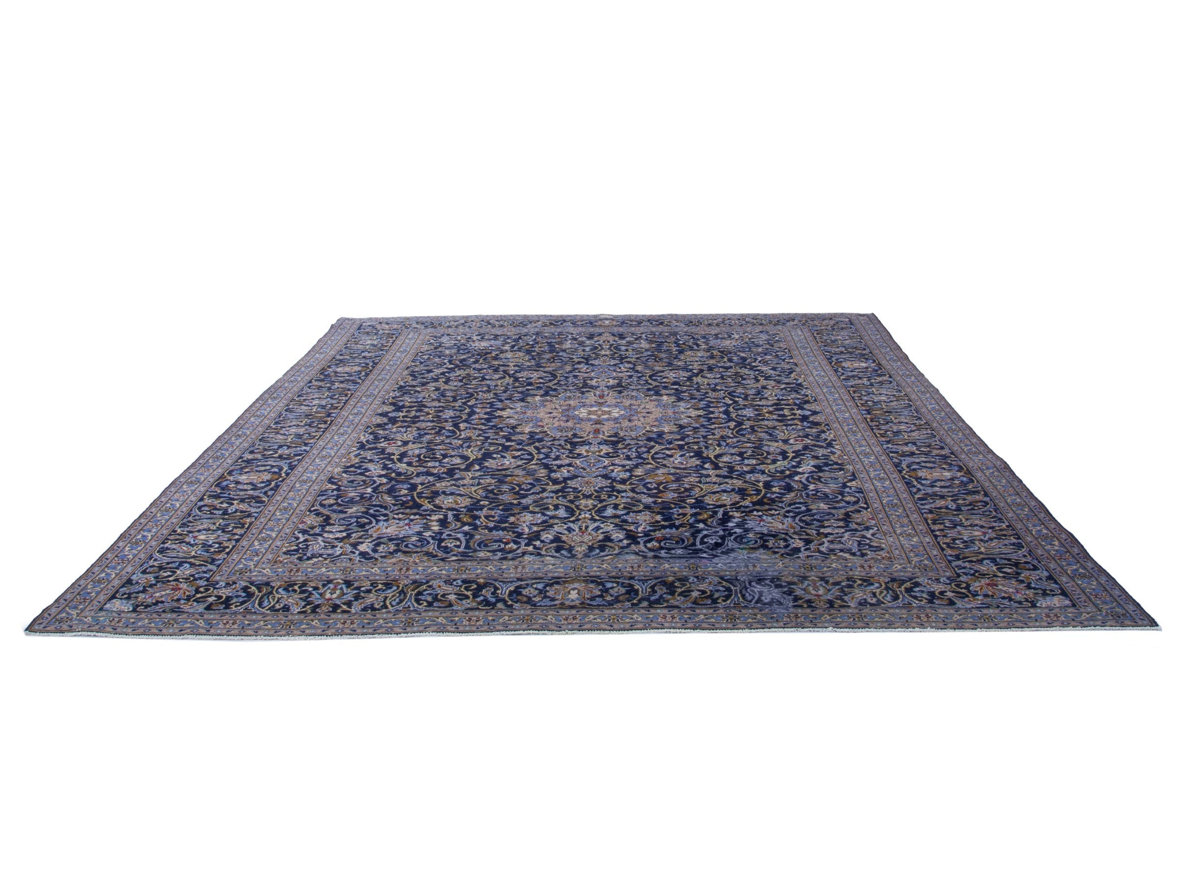 Persian Kashan oversized rug in navy and cream, view 2 of 21