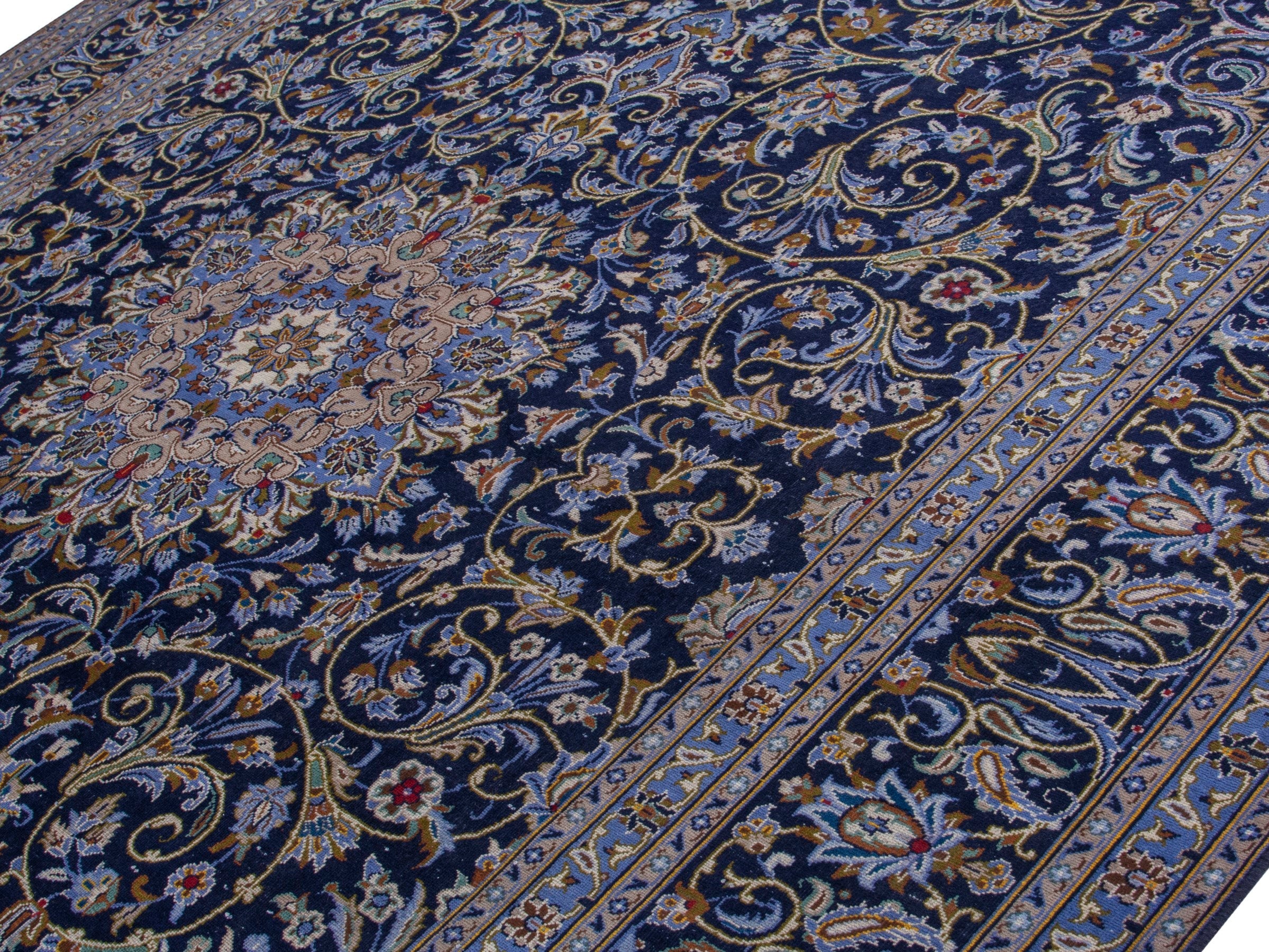 Persian Kashan oversized rug in navy and cream, view 10 of 21