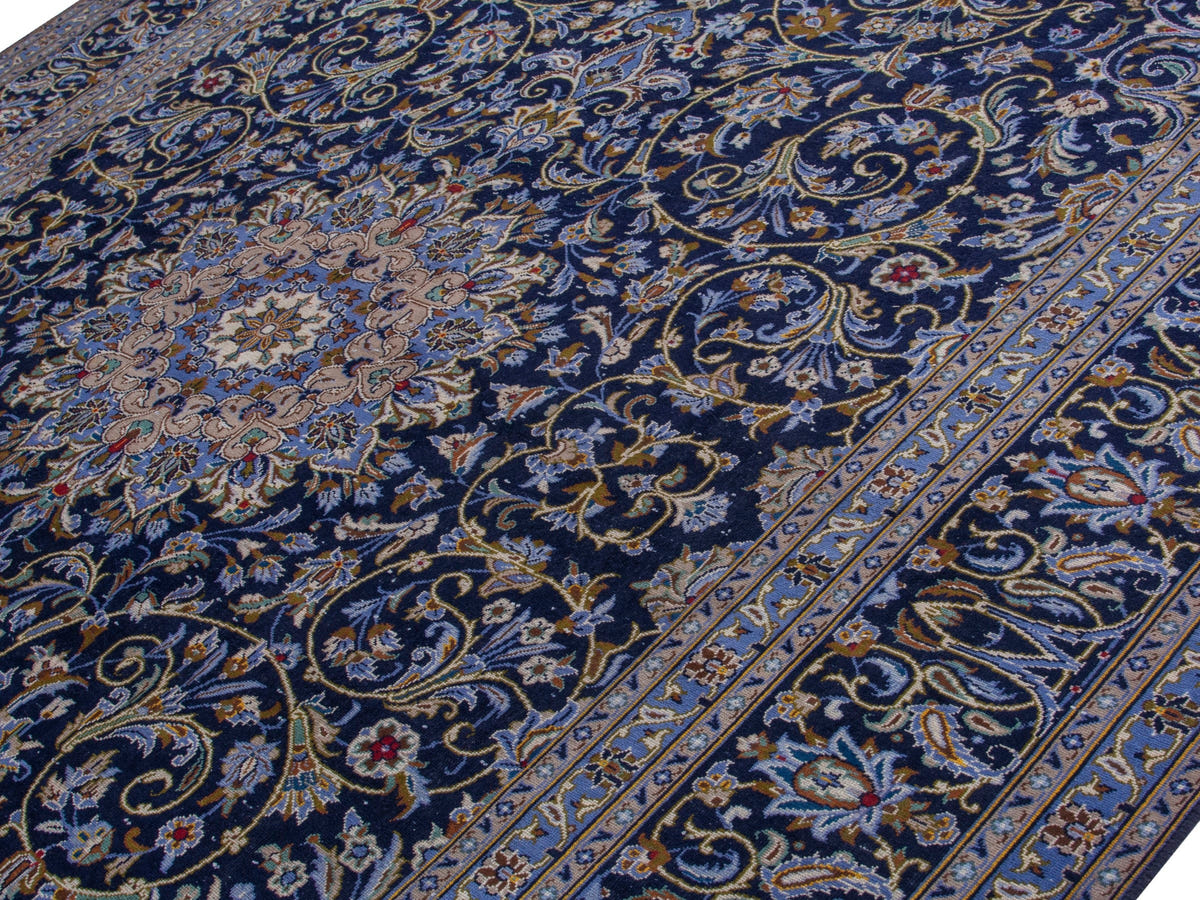Persian Kashan oversized rug in navy and cream, view 5 of 22