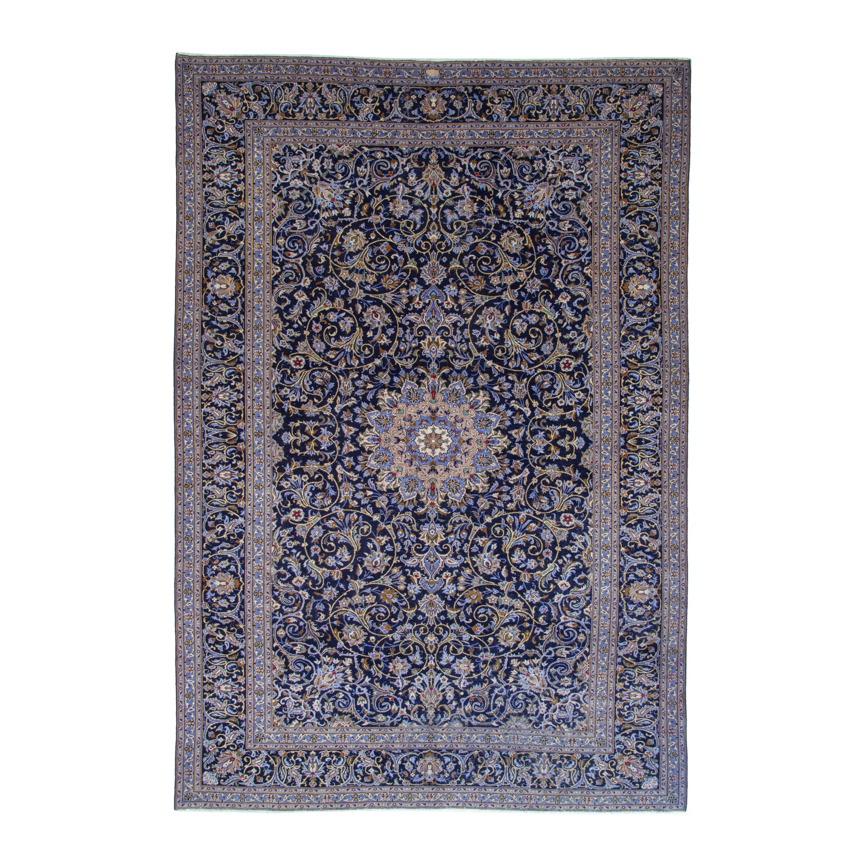 Persian Kashan oversized rug in navy and cream, 9'4" x 13'5"