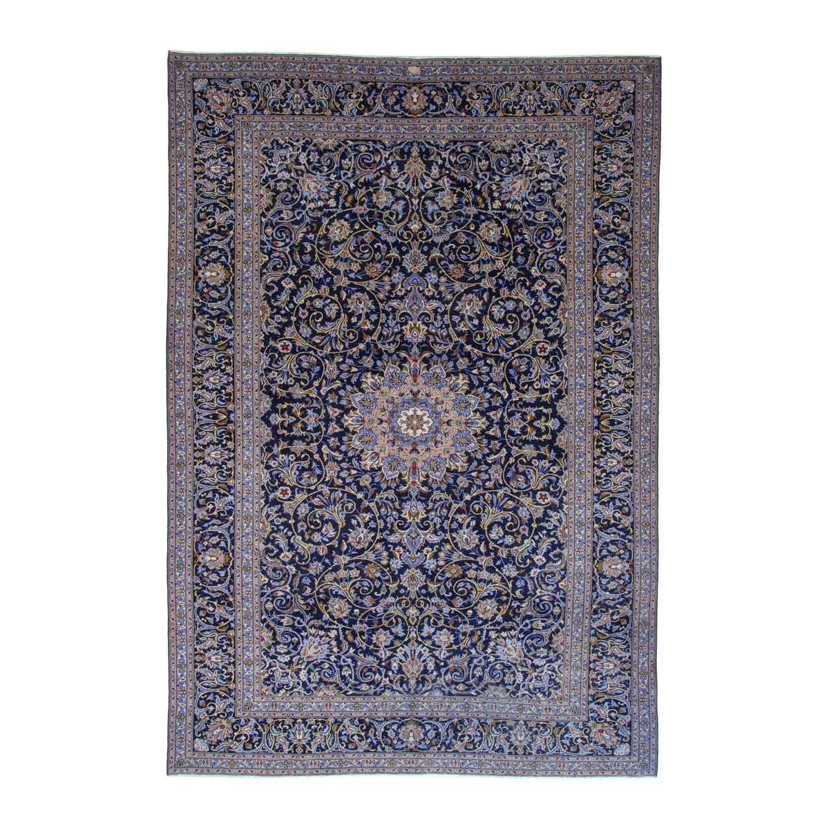 Persian Kashan oversized rug in navy and cream, 9'4" x 13'5"