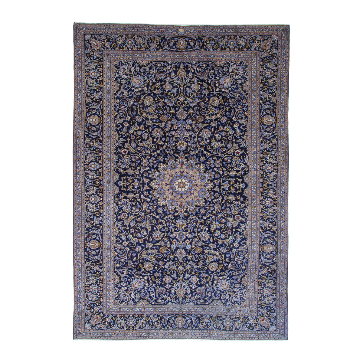 Persian Kashan oversized rug in navy and cream, 9'4" x 13'5"