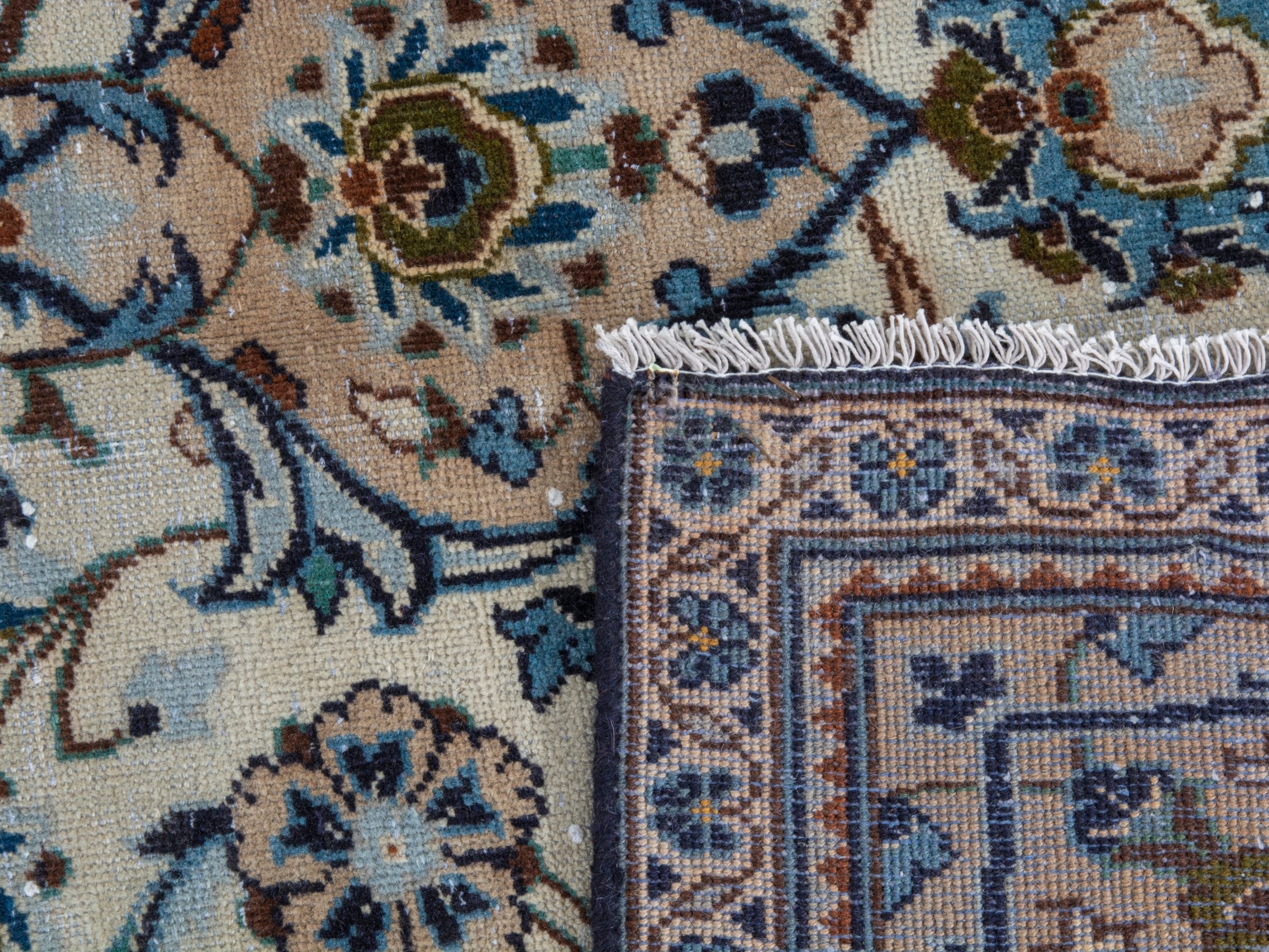Persian Kashan oversized rug in ivory and tan, view 24 of 24