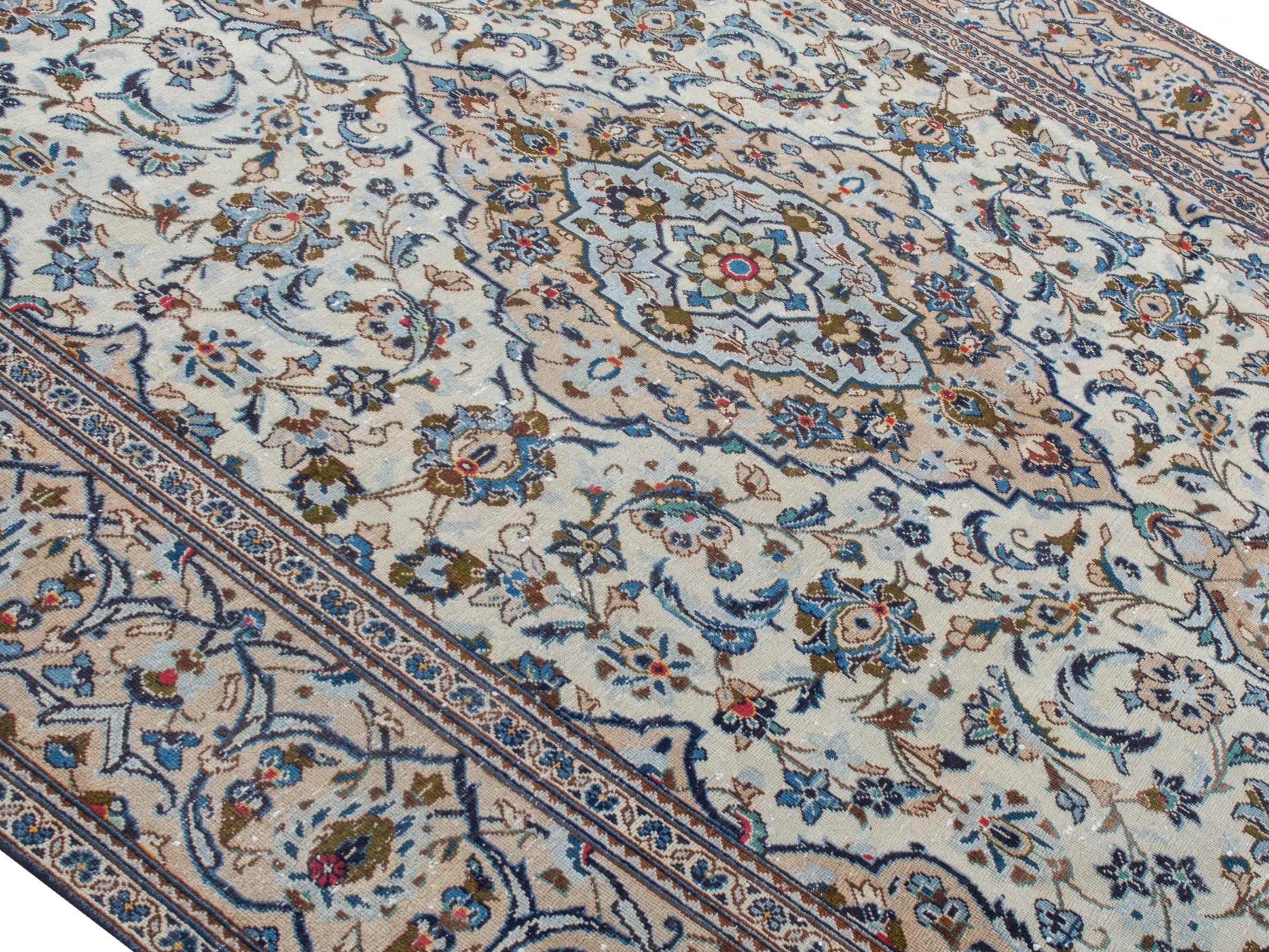 Persian Kashan oversized rug in ivory and tan, view 4 of 24