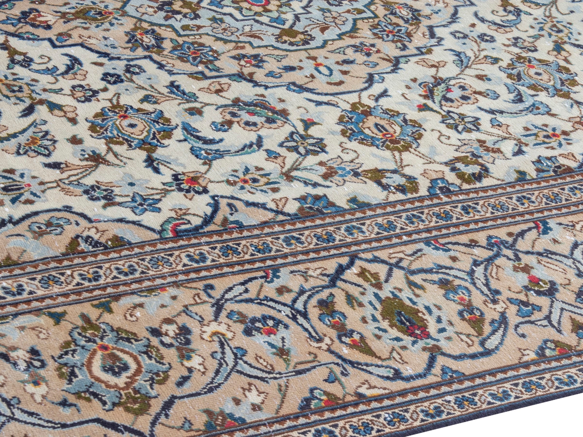 Persian Kashan oversized rug in ivory and tan, view 6 of 24