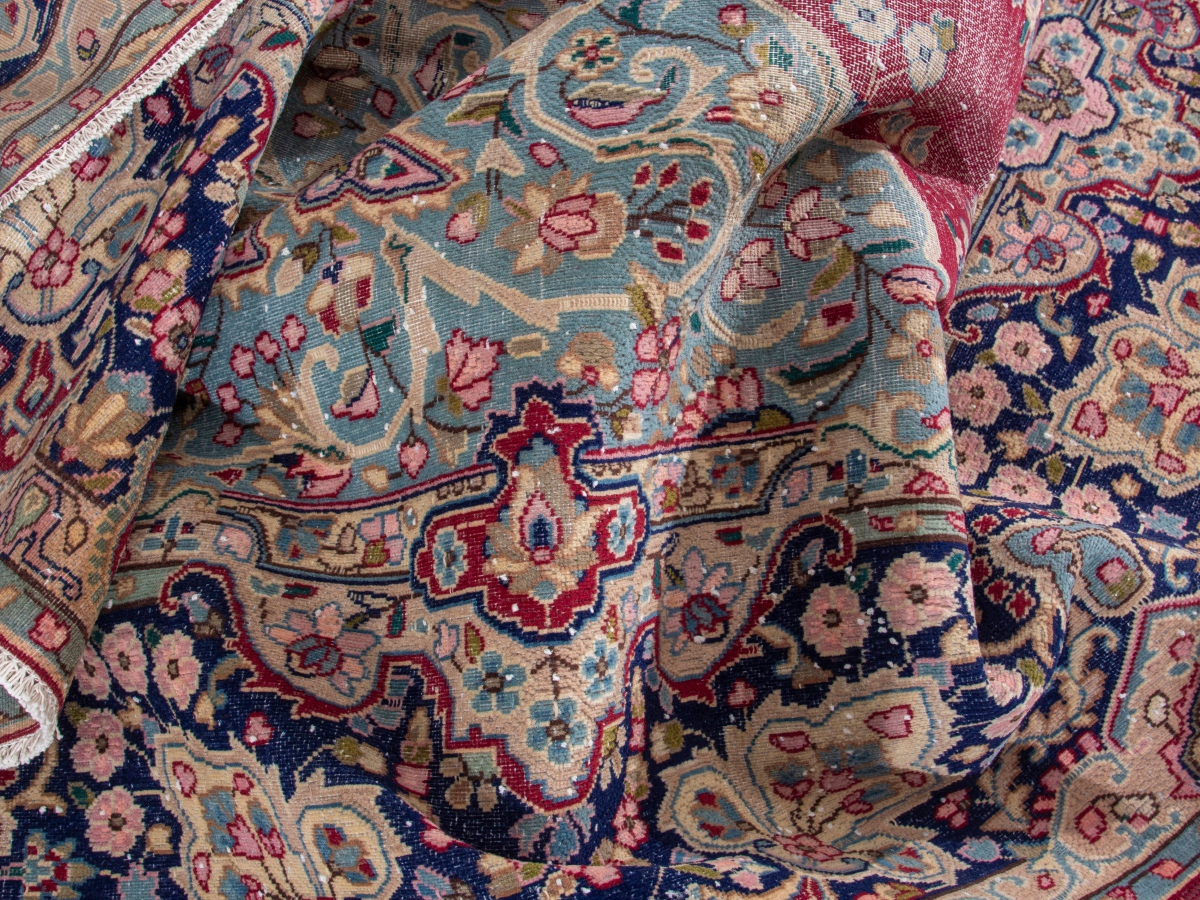 Persian Kerman oversized rug in rose and navy, view 15 of 19