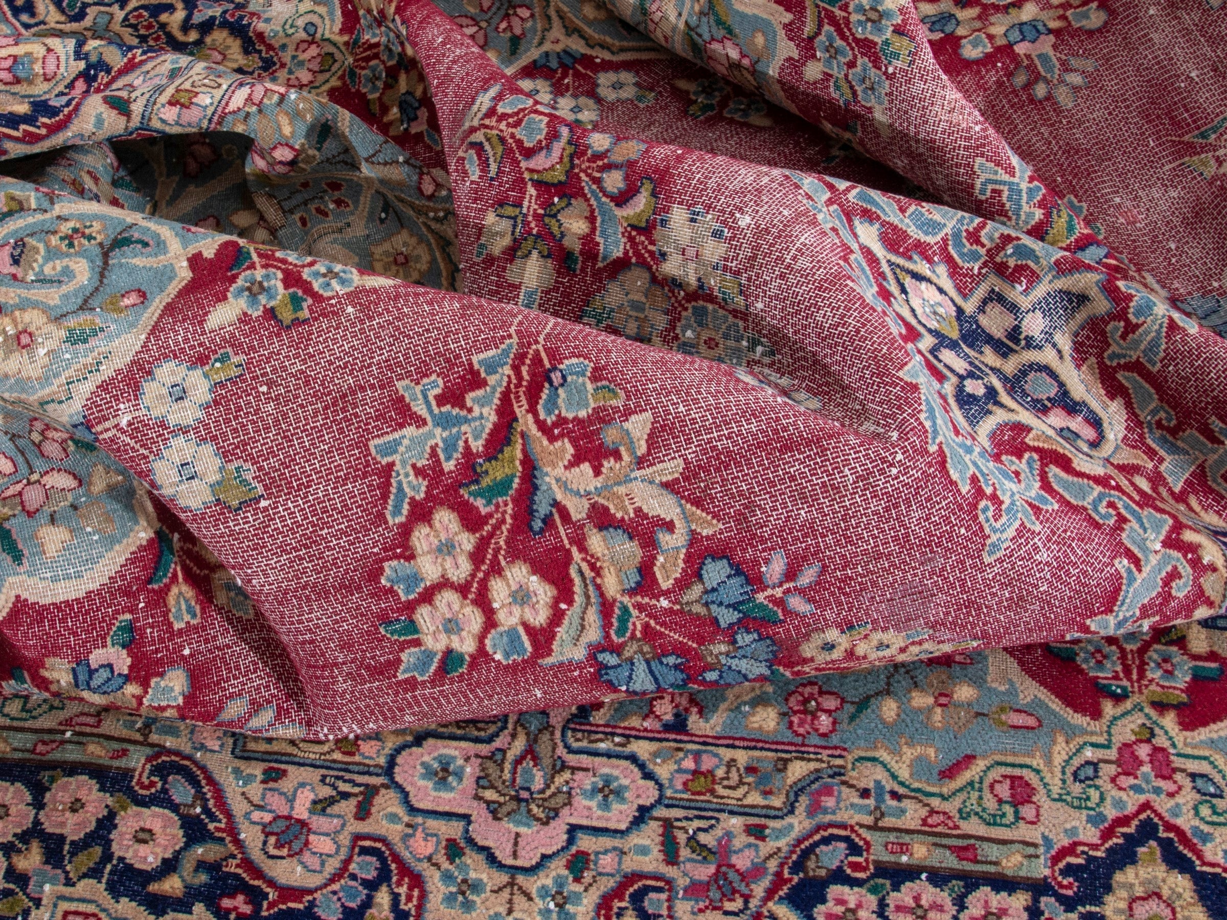 Persian Kerman oversized rug in rose and navy, view 16 of 19