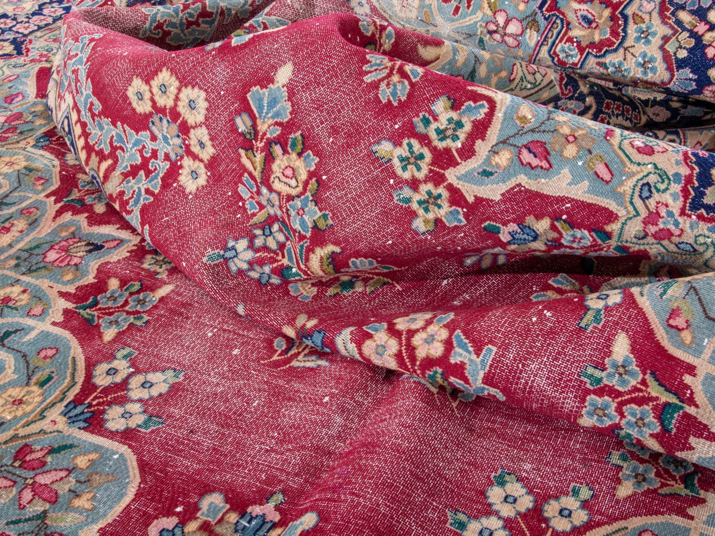 Persian Kerman oversized rug in rose and navy, view 17 of 19