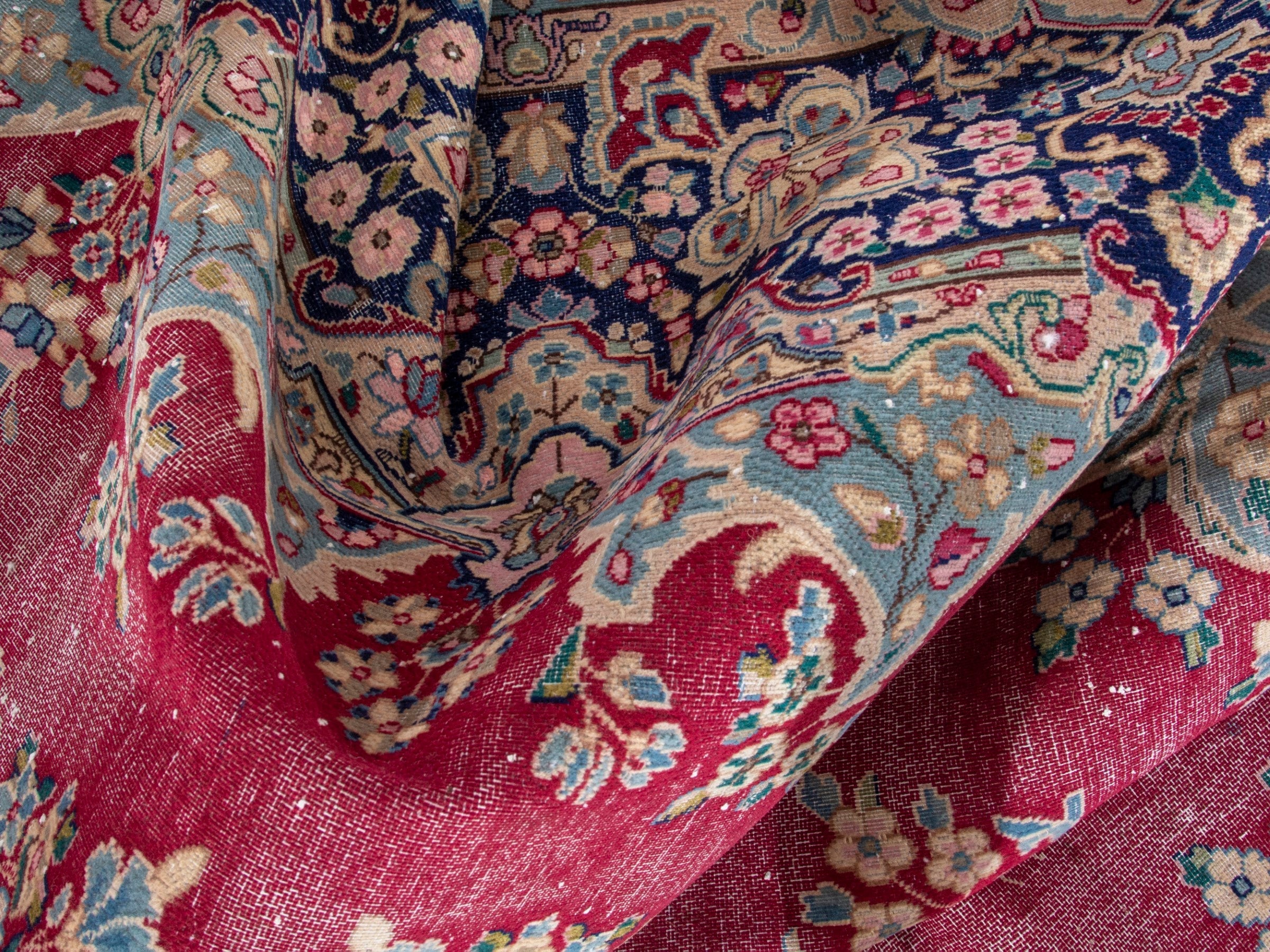 Persian Kerman oversized rug in rose and navy, view 18 of 19
