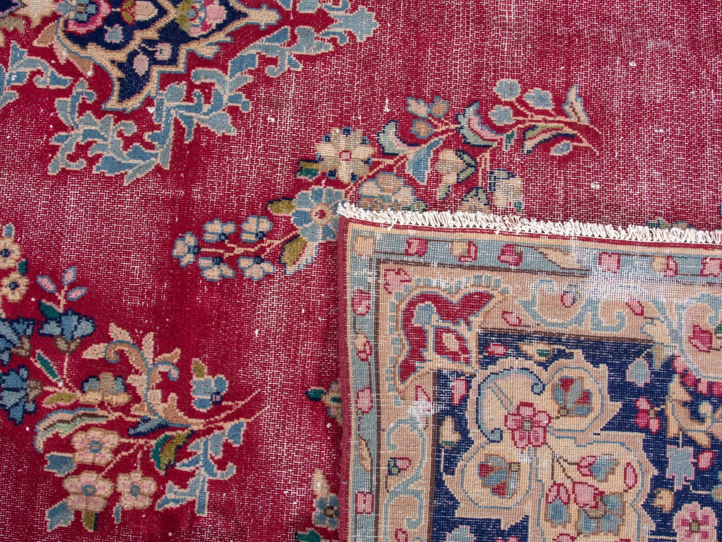 Persian Kerman oversized rug in rose and navy, view 19 of 19