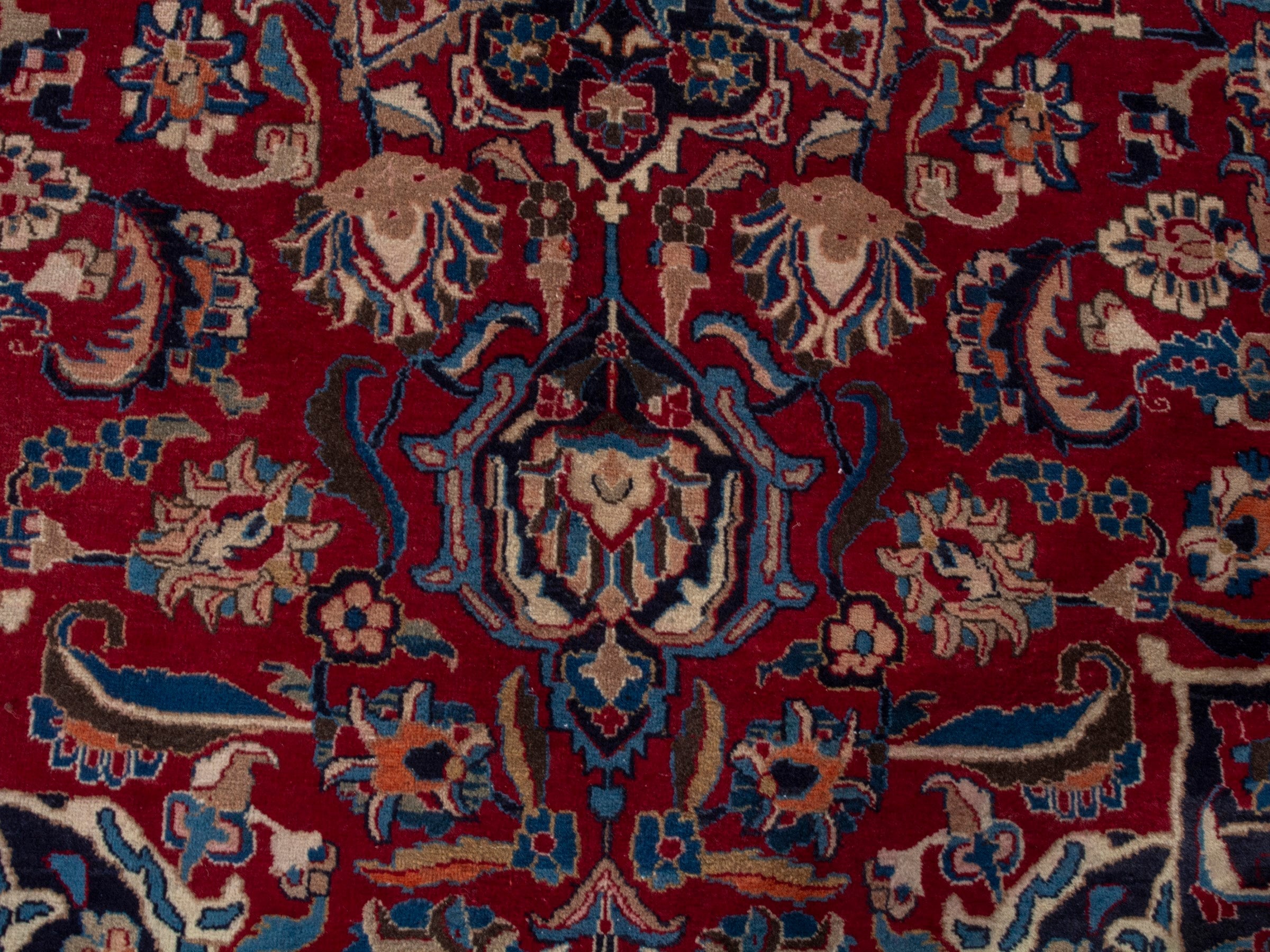 Persian Mashhad oversized rug in deep red and navy, view 13 of 22