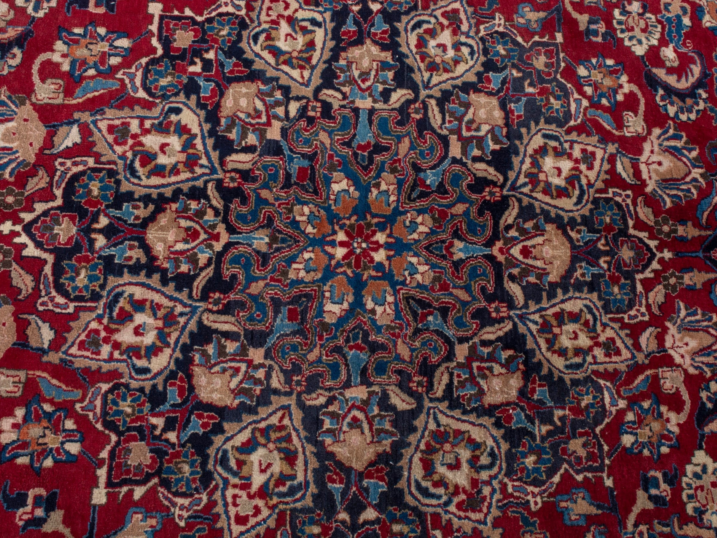 Persian Mashhad oversized rug in deep red and navy, view 14 of 22