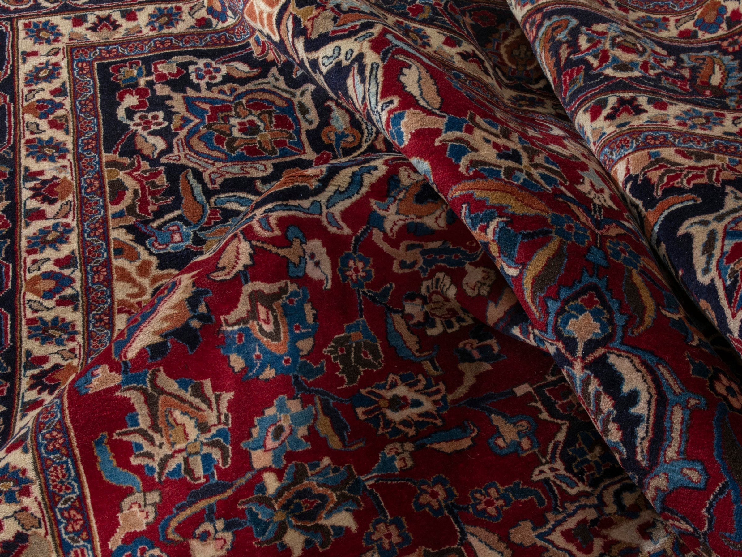Persian Mashhad oversized rug in deep red and navy, view 20 of 22