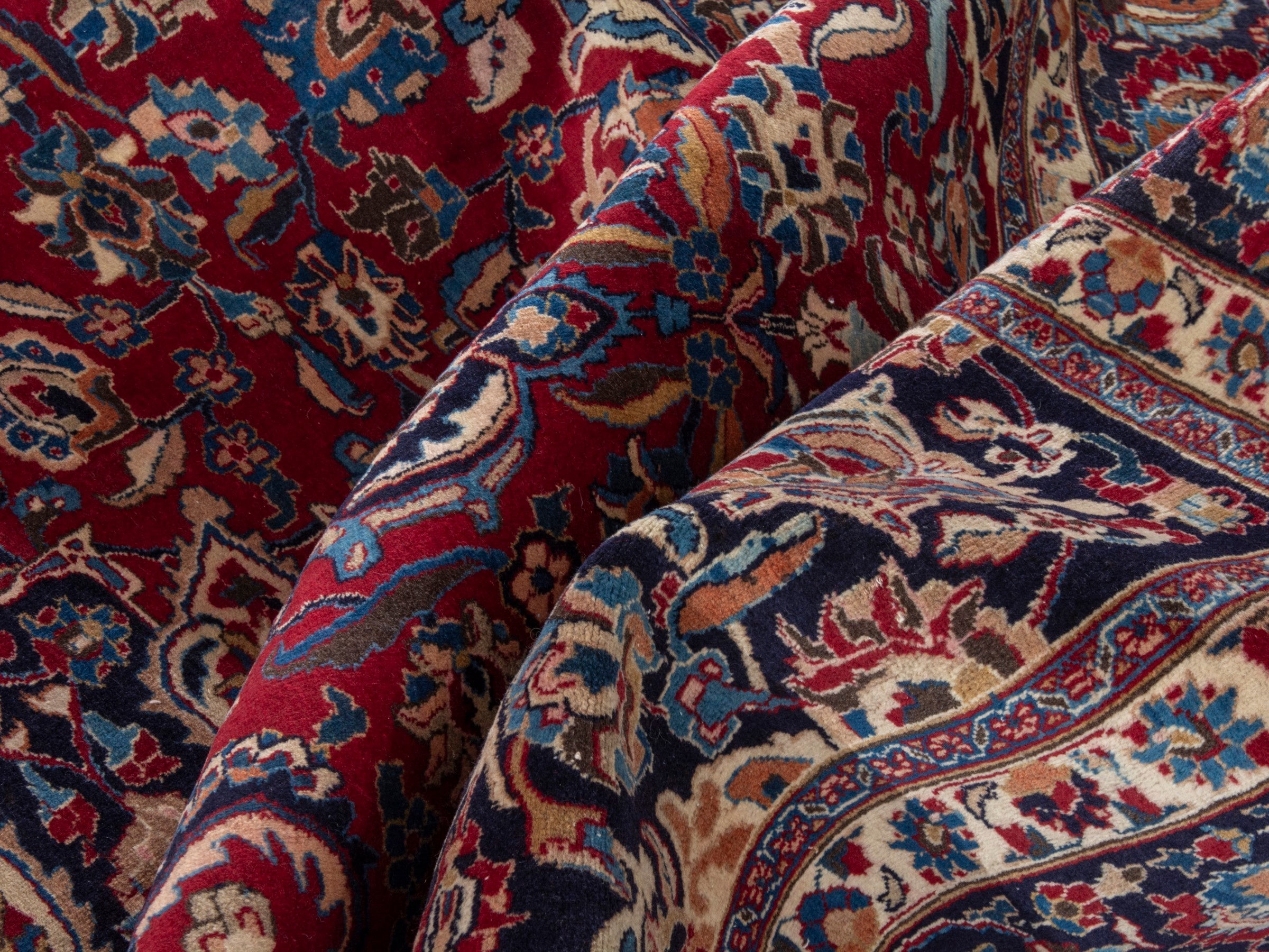 Persian Mashhad oversized rug in deep red and navy, view 21 of 22