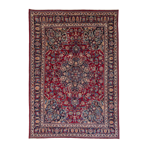Persian Mashhad oversized rug in deep red and navy, 9'11" x 13'