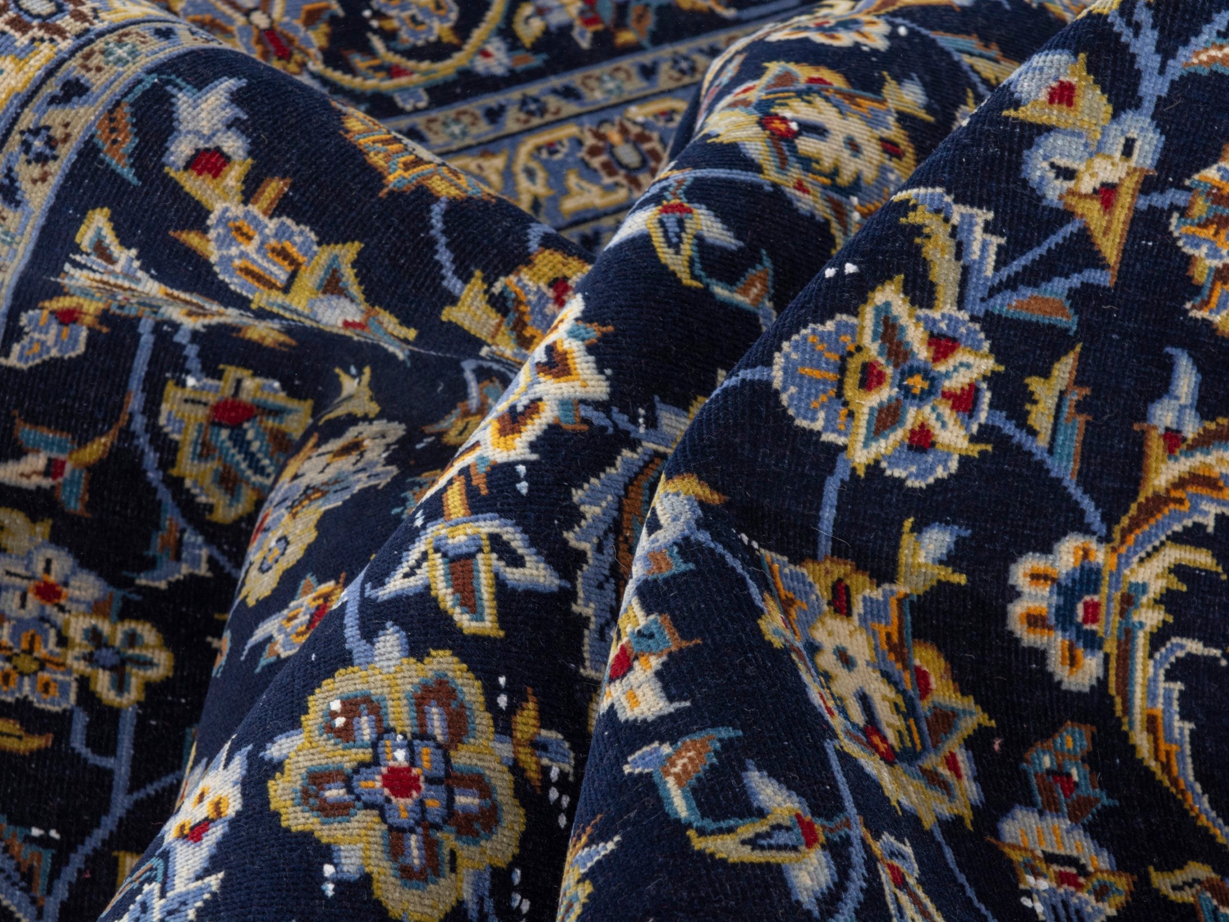 Persian Kashan oversized rug in navy and antique gold, view 18 of 20