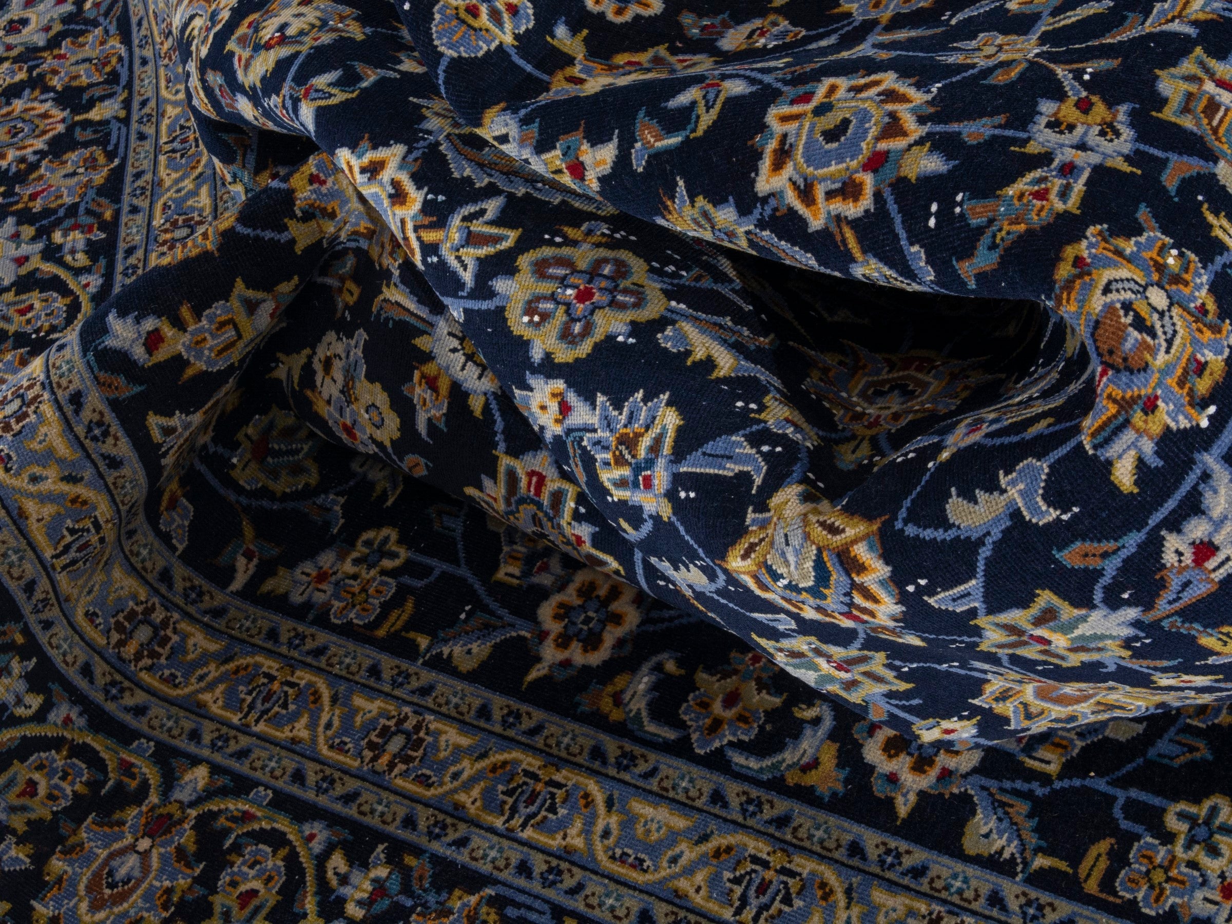 Persian Kashan oversized rug in navy and antique gold, view 19 of 20