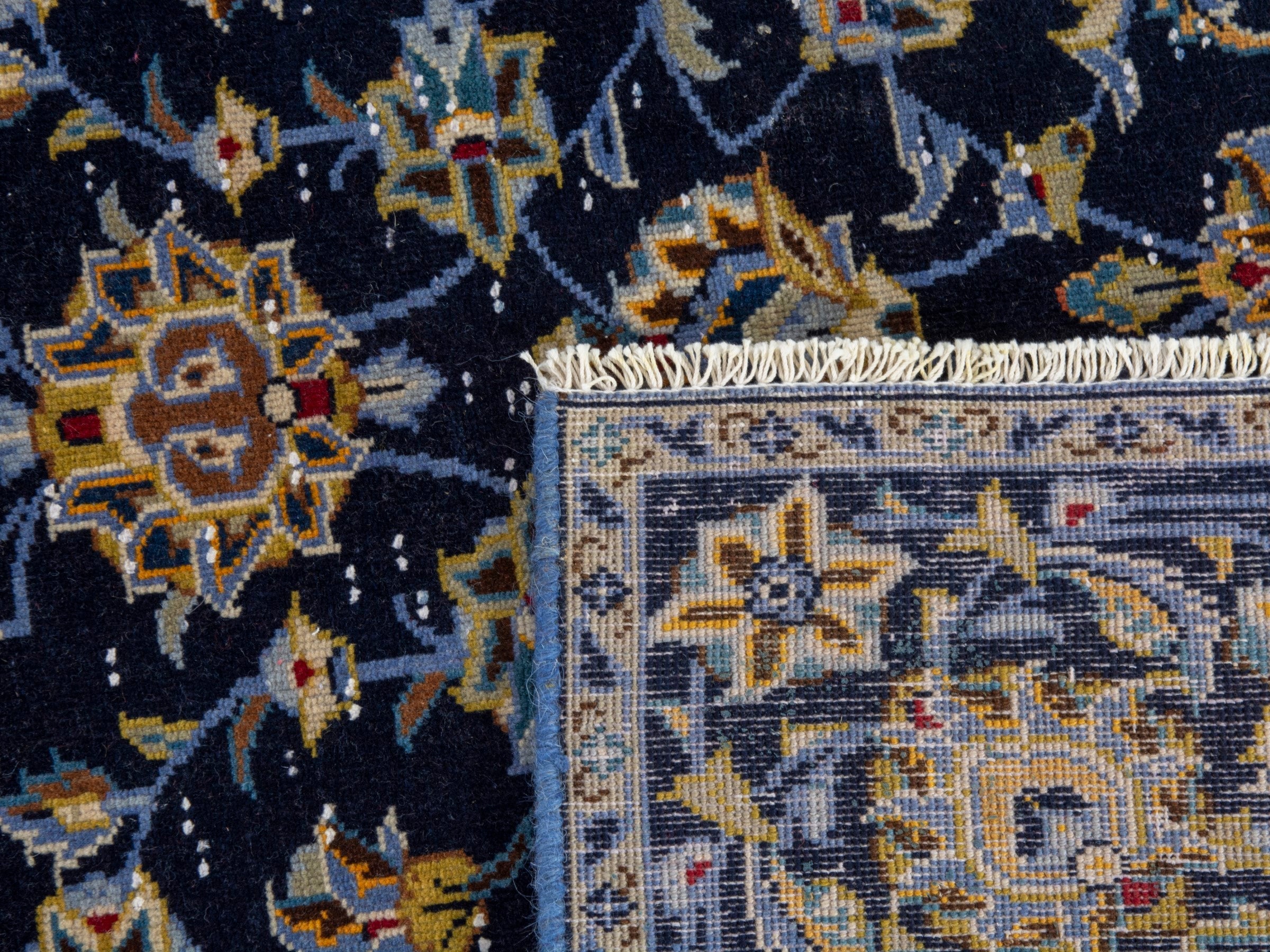 Persian Kashan oversized rug in navy and antique gold, view 20 of 20