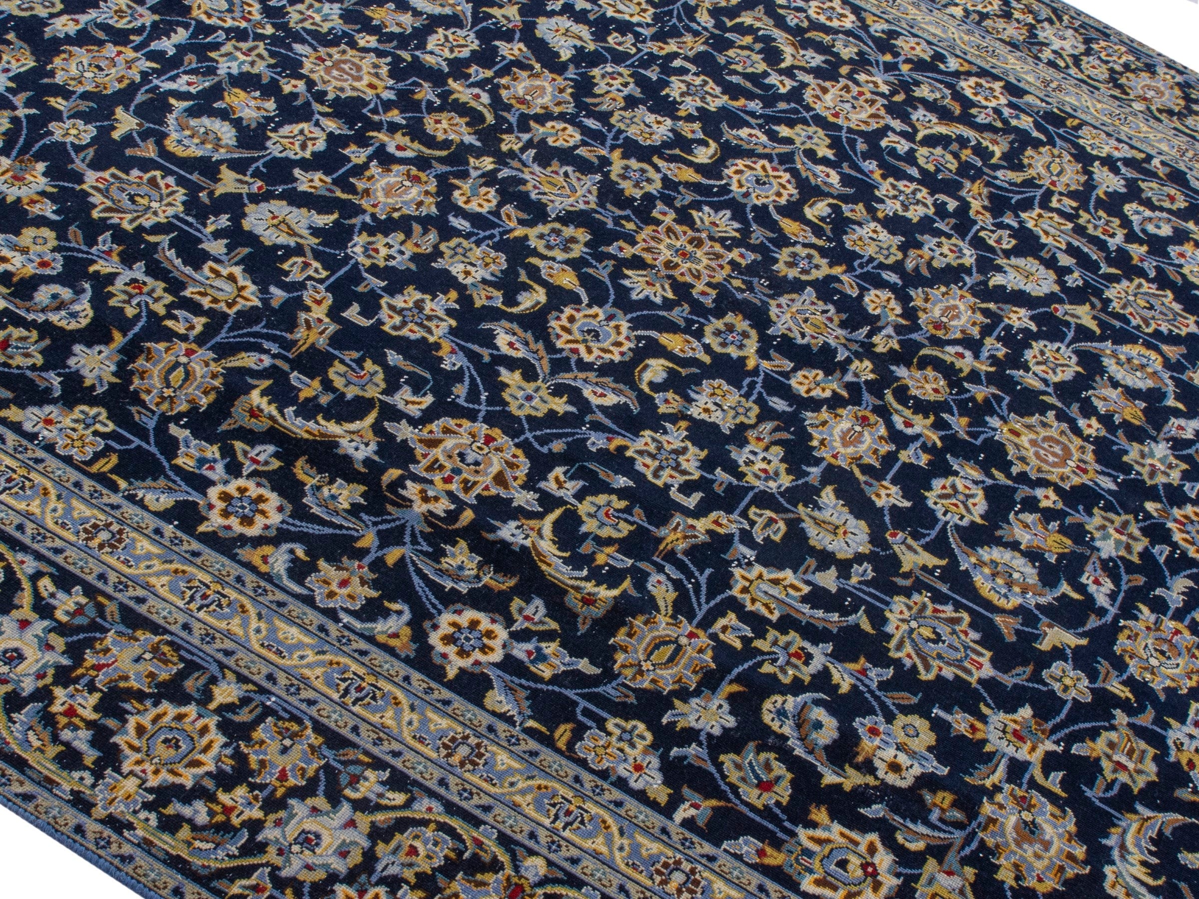 Persian Kashan oversized rug in navy and antique gold, view 4 of 20