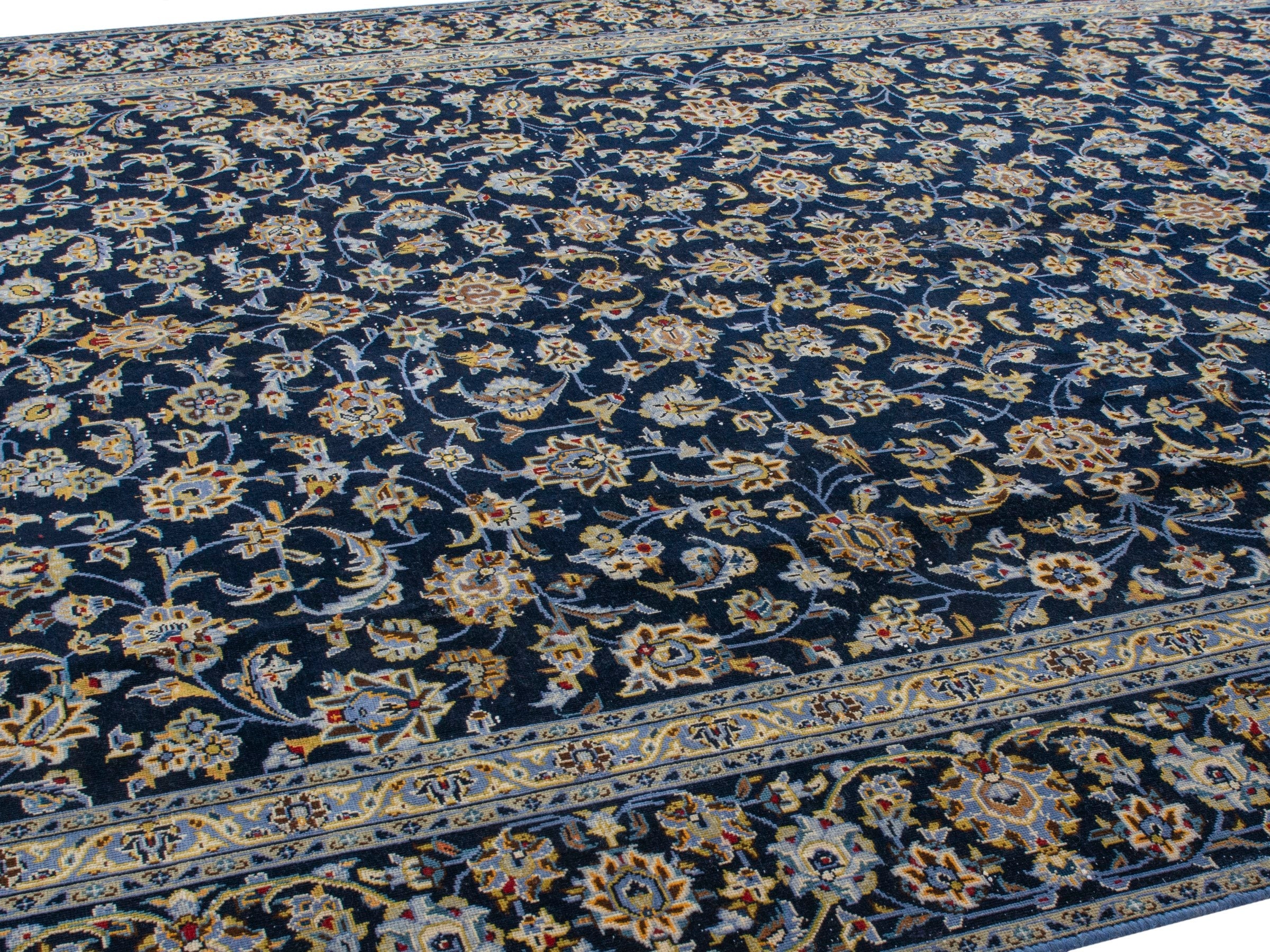 Persian Kashan oversized rug in navy and antique gold, view 6 of 20