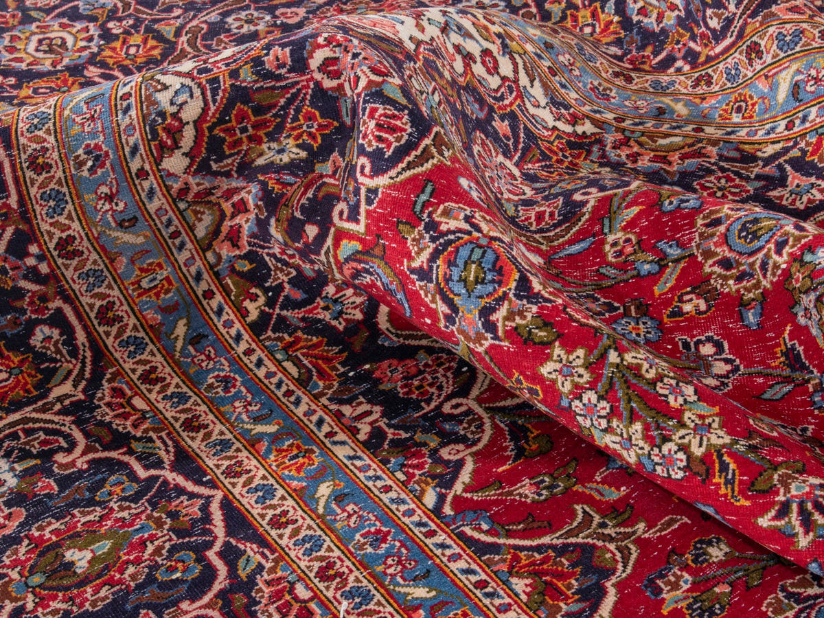Persian Kashan oversized rug in deep red and navy, view 16 of 20