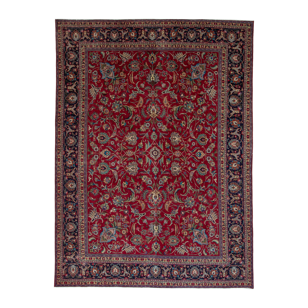Persian Tabriz oversized rug in burgundy and navy, 9'10" x 13'1"