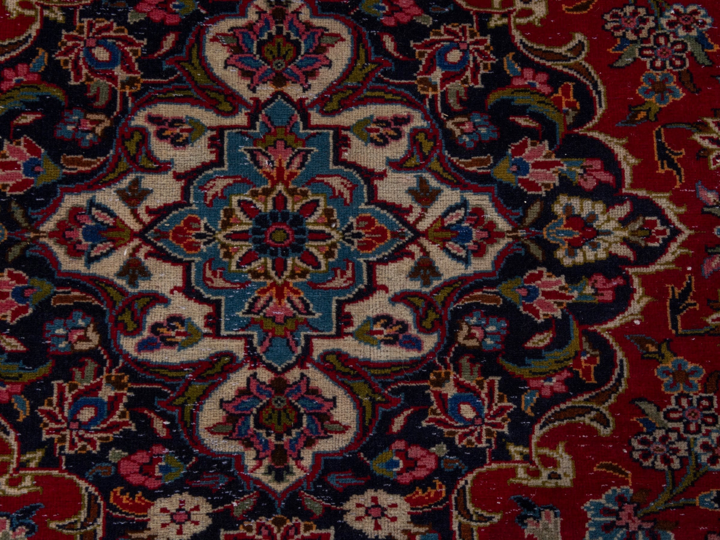 Persian Kashan oversized rug in deep red and dark blue, view 14 of 22
