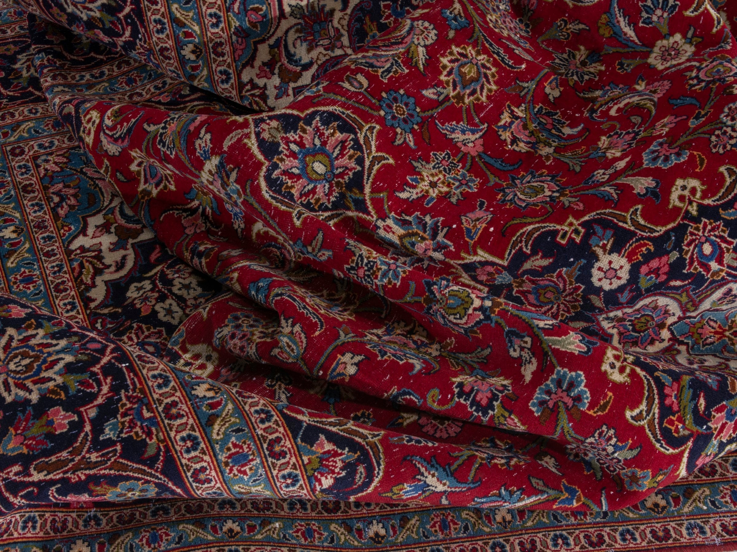 Persian Kashan oversized rug in deep red and dark blue, view 17 of 22