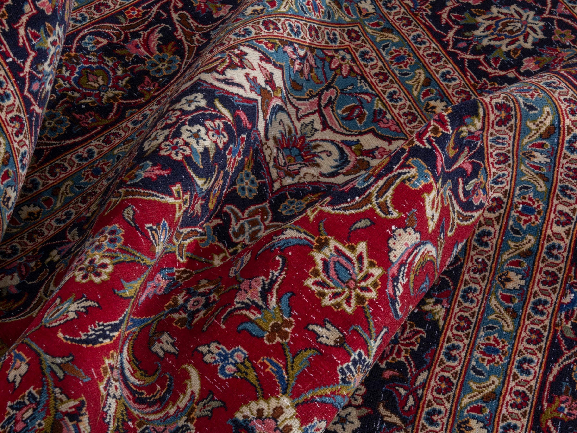 Persian Kashan oversized rug in deep red and dark blue, view 19 of 22