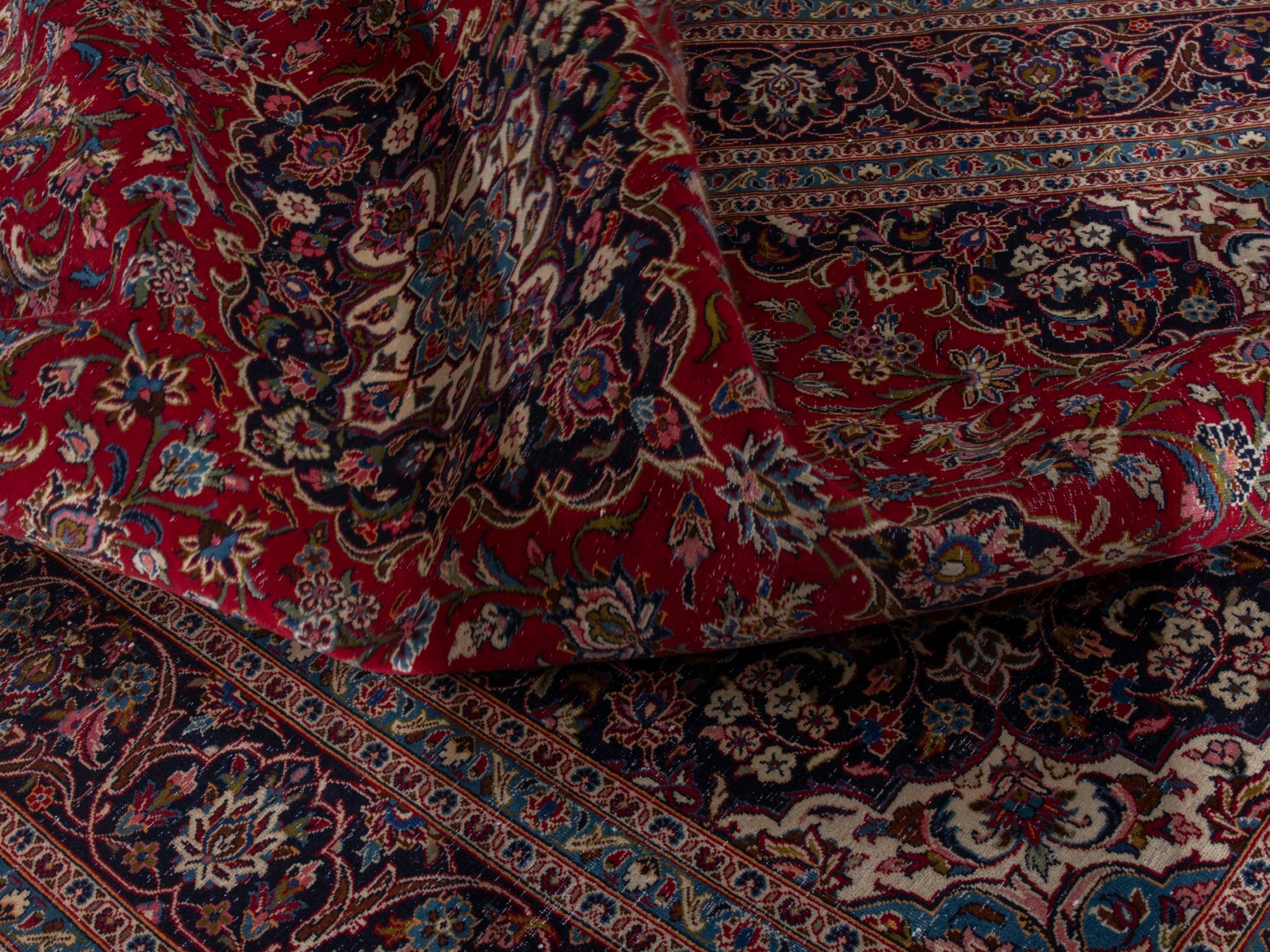 Persian Kashan oversized rug in deep red and dark blue, view 20 of 22