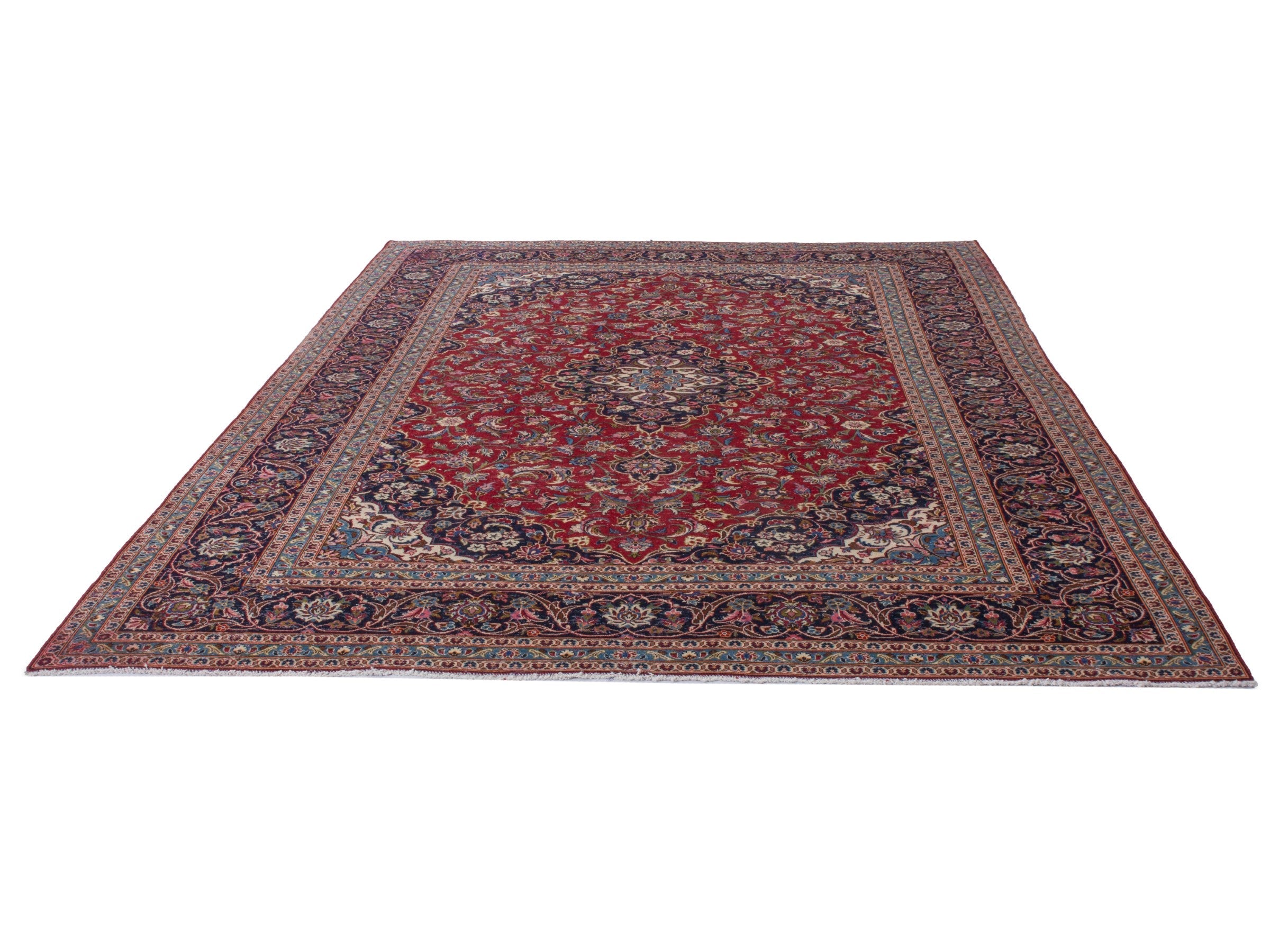 Persian Kashan oversized rug in deep red and dark blue, view 3 of 22