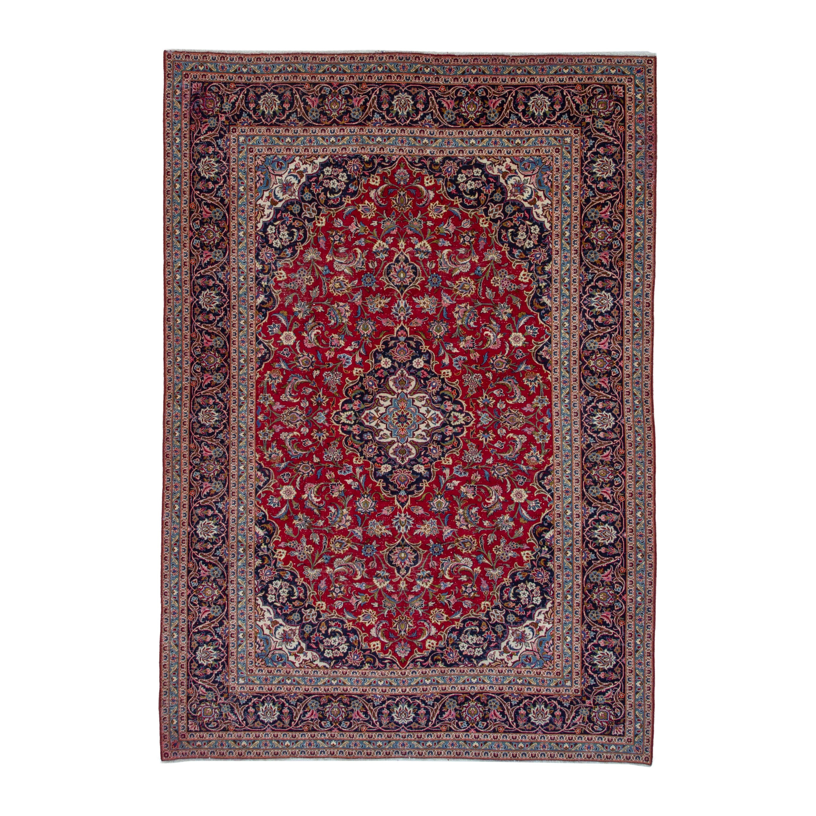Persian Kashan oversized rug in deep red and dark blue, 8'2" x 11'6"