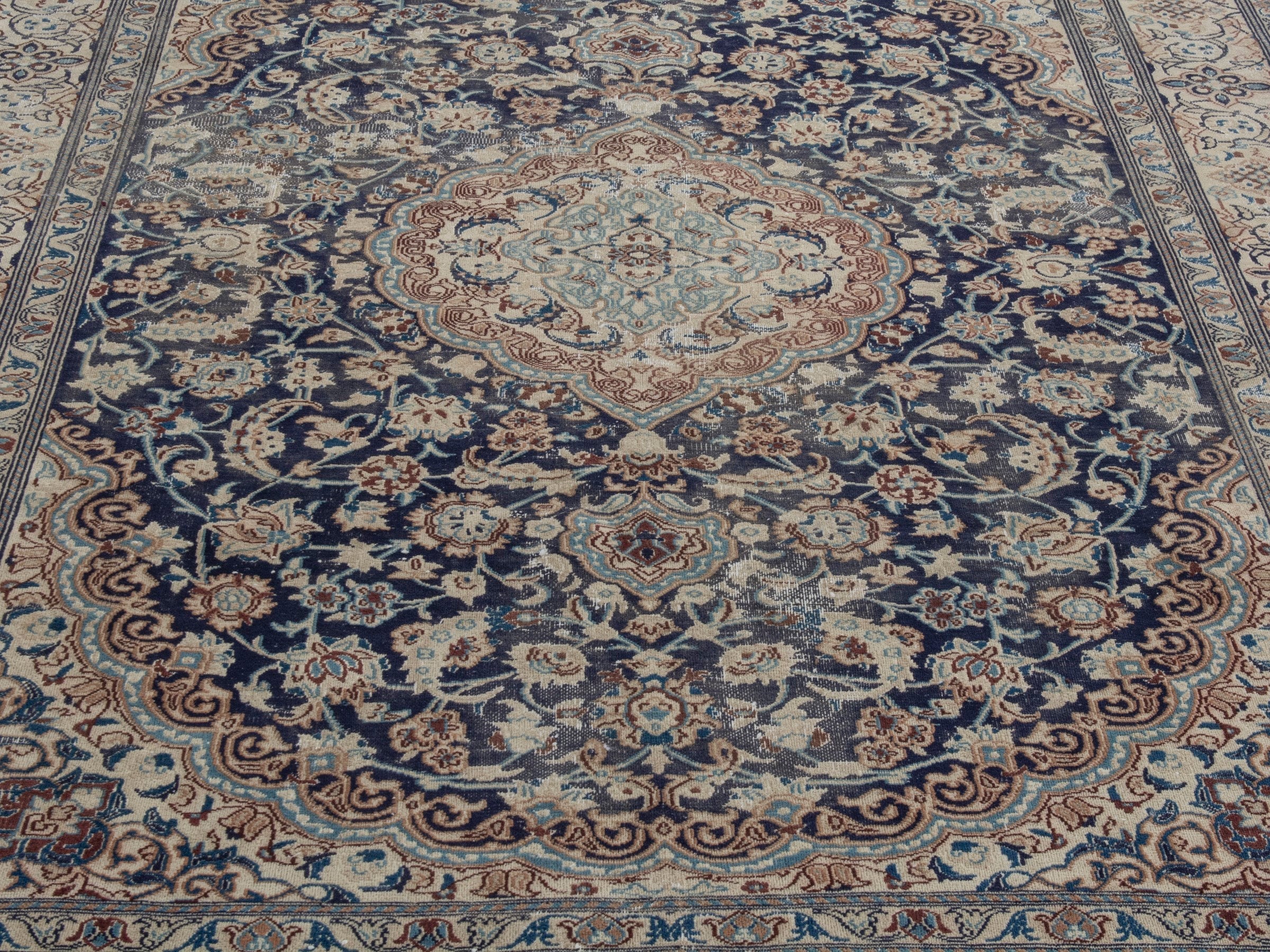 Persian Nain area rug in navy and cream, view 10 of 20